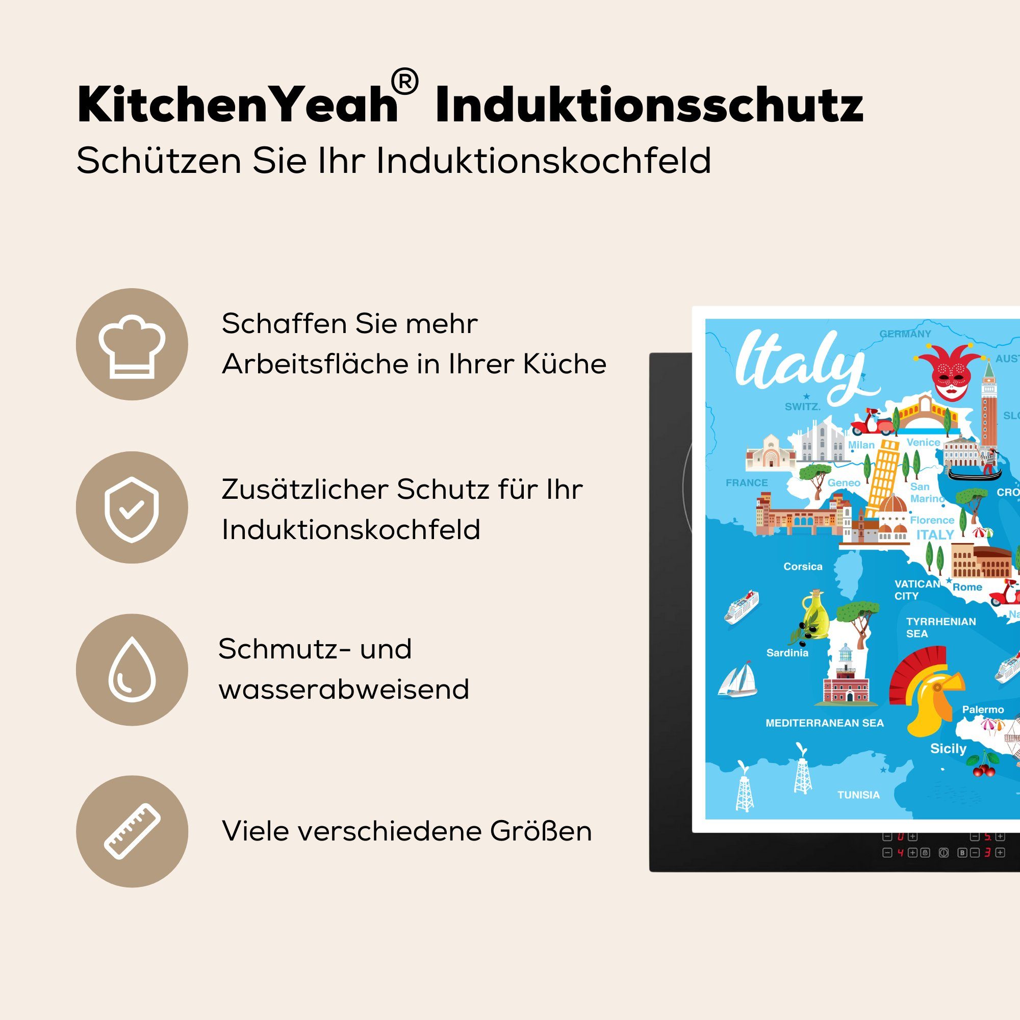 Illustration, tlg), cm, Karte küche - Italien (1 - Arbeitsplatte Herdblende-/Abdeckplatte 78x78 für Vinyl, MuchoWow Ceranfeldabdeckung,