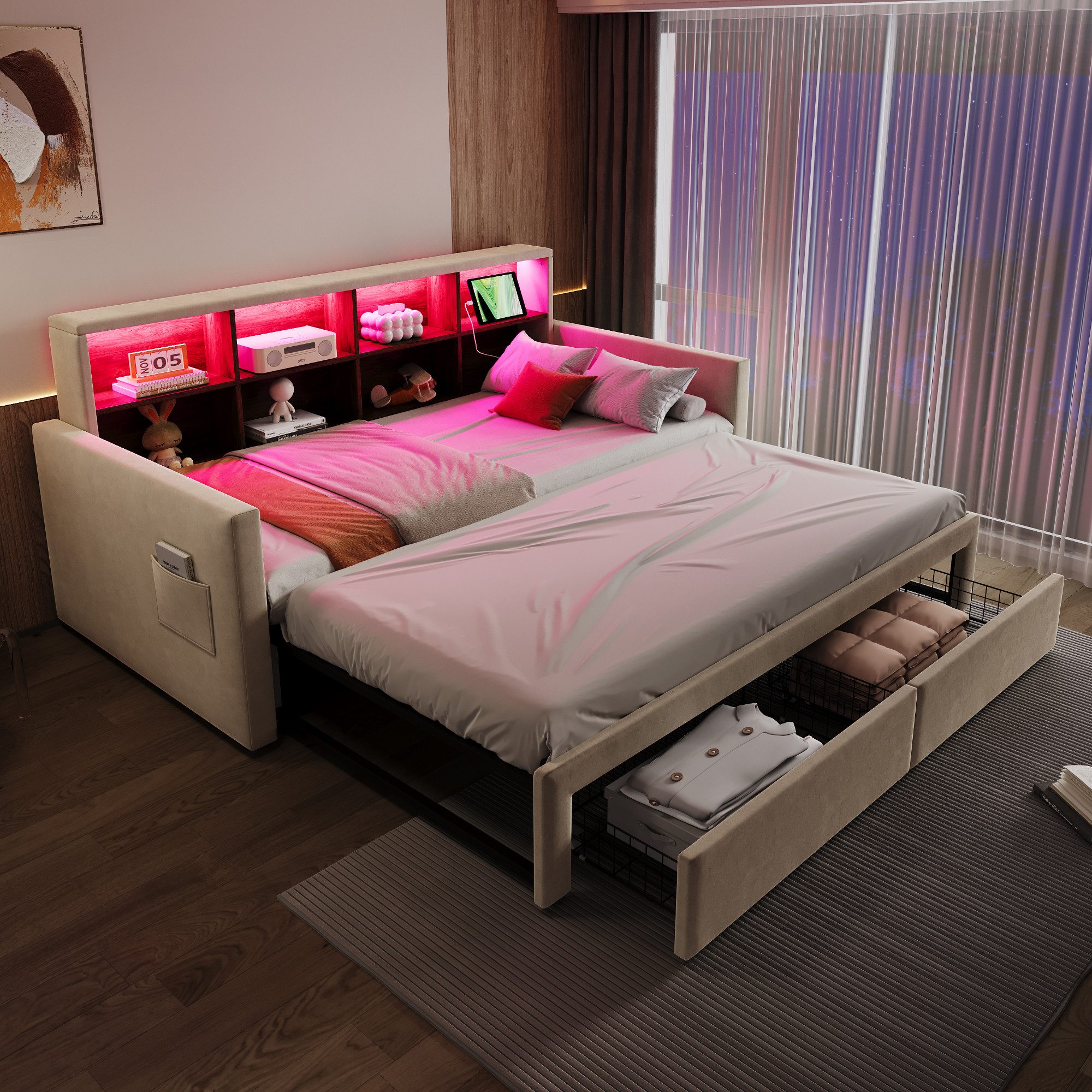 Flieks Daybett, LED Polsterbett 90/180x190cm mit Ausziehbett, Schubladen un günstig online kaufen