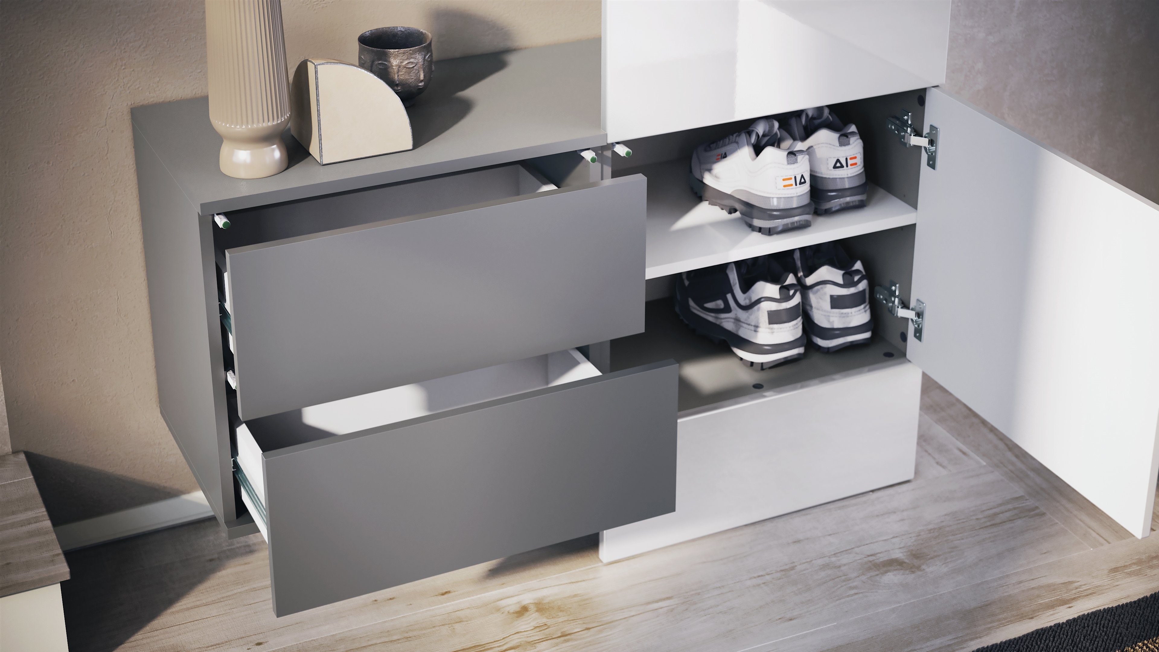 Vladon Garderoben-Set Carlton Set 2, (Wandgarderobe bestehend aus, 1 Paneel und 1 Schubkastenschrank), Anthrazit matt/Brombeer Hochglanz (105 x 193 x 35 cm)