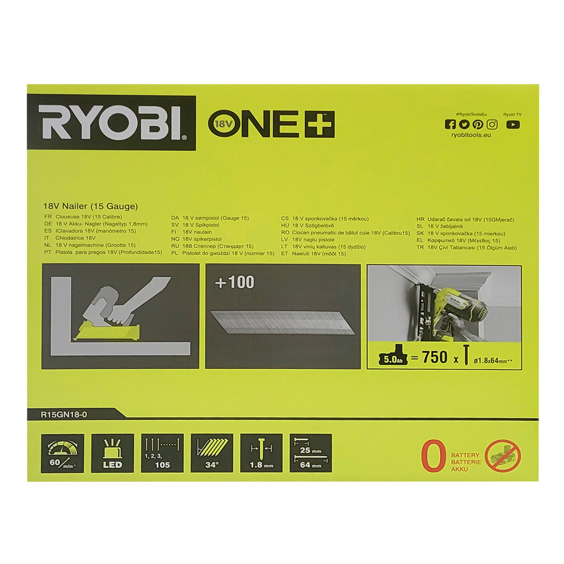 RYOBI Akku-Tacker Ryobi R15GN18-0 – 18V ONE+ AirStrike Akku-Nagler ohne Akku, (1 tlg)