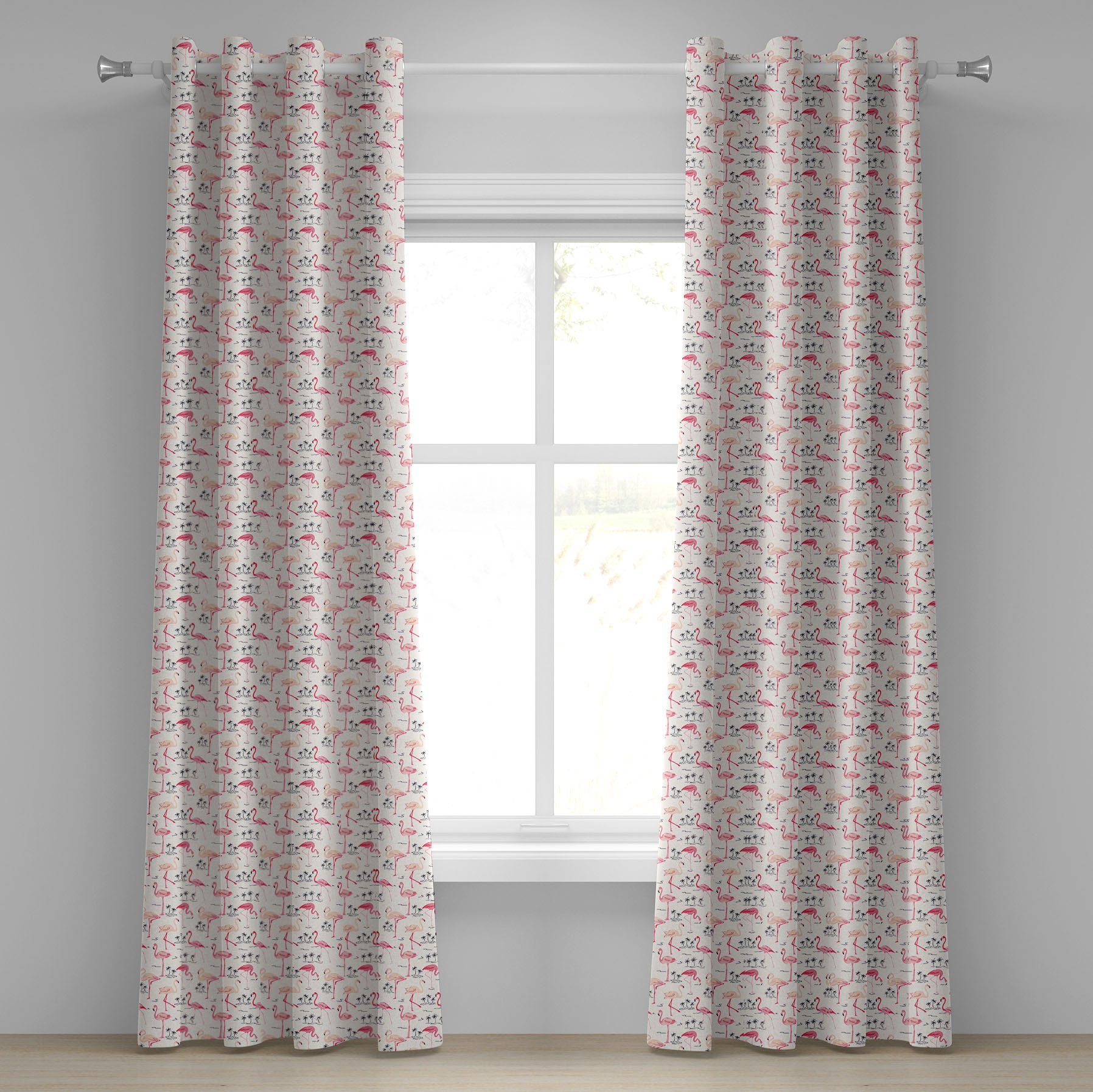 Gardine Dekorative 2-Panel-Fenstervorhänge für Schlafzimmer Wohnzimmer, Abakuhaus, Flamingo Wild Bird Liebes-Weinlese
