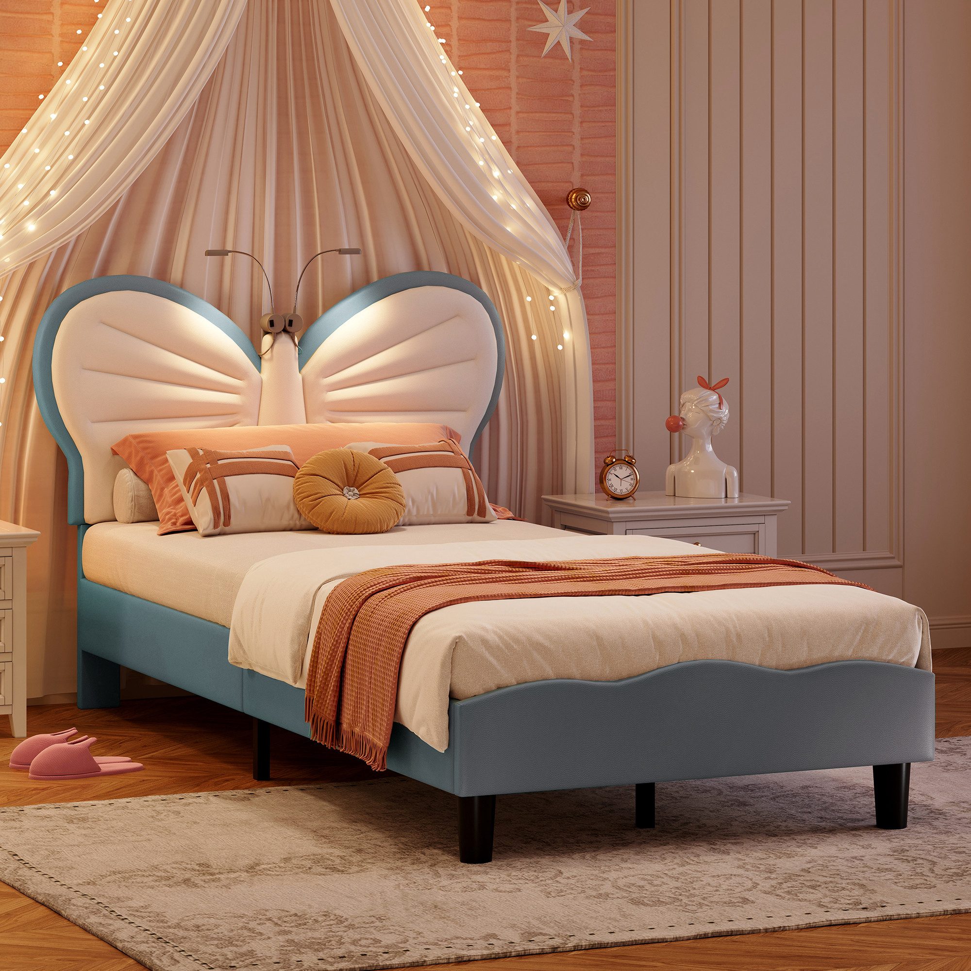 ADWOLT Polsterbett Kinderbett Bettgestell in Schmetterlingsform, Mit LED-Leseleuchte (Packung, 1-tlg., Jugendbett), 90x200 cm,Geeignet für Jugendliche und Kinde – Bild 5 von 5