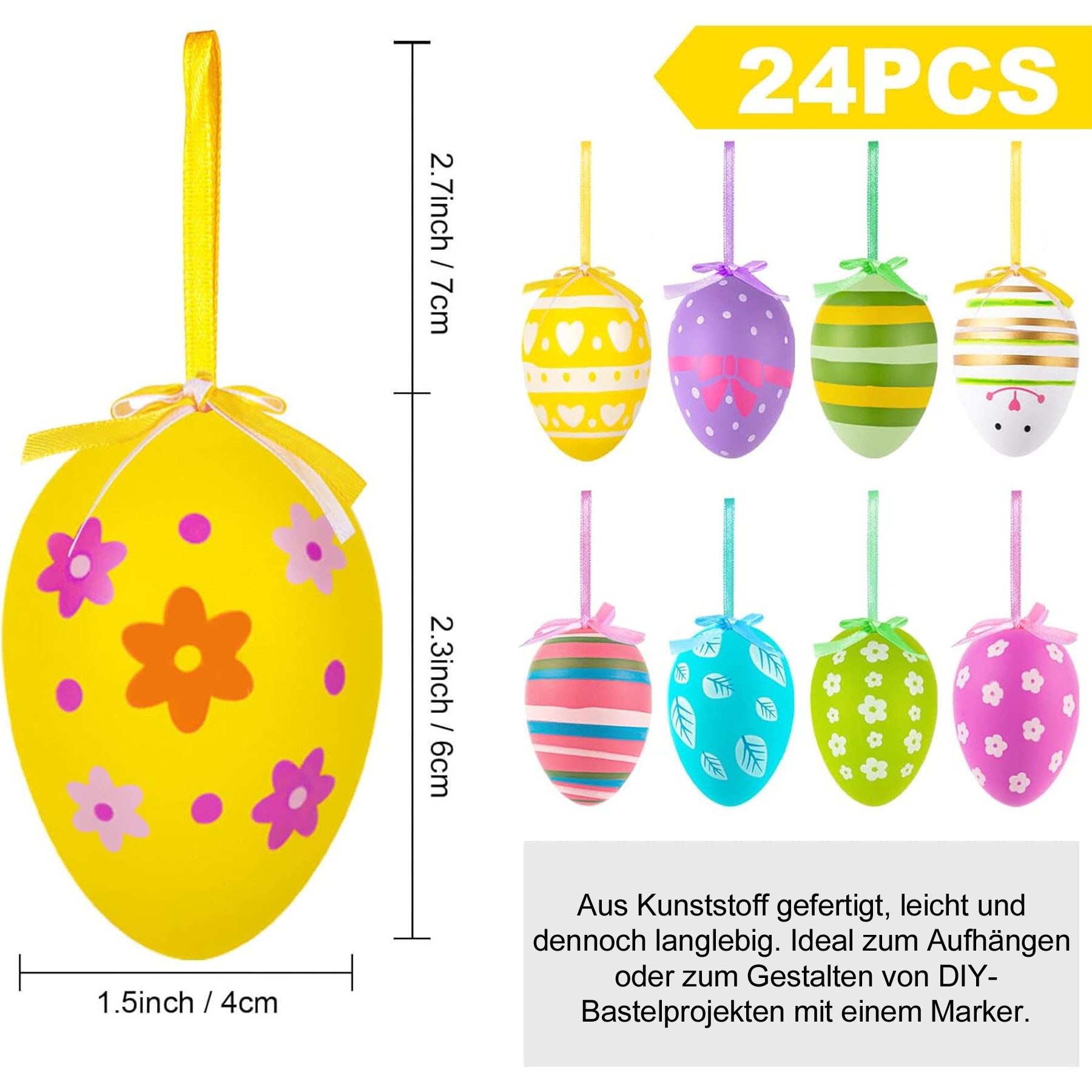 Mutig Osterei Ostereier zum Aufhängen,24 Stück Ostereier aus Kunststoff (mit Schnur zum Aufhängen Gesprenkelte Hängedeko, Osterdeko in Schönen Pastellfarben), Deko Ostern für den Osterstrauß mit Motiv-Größe: 6 cm
