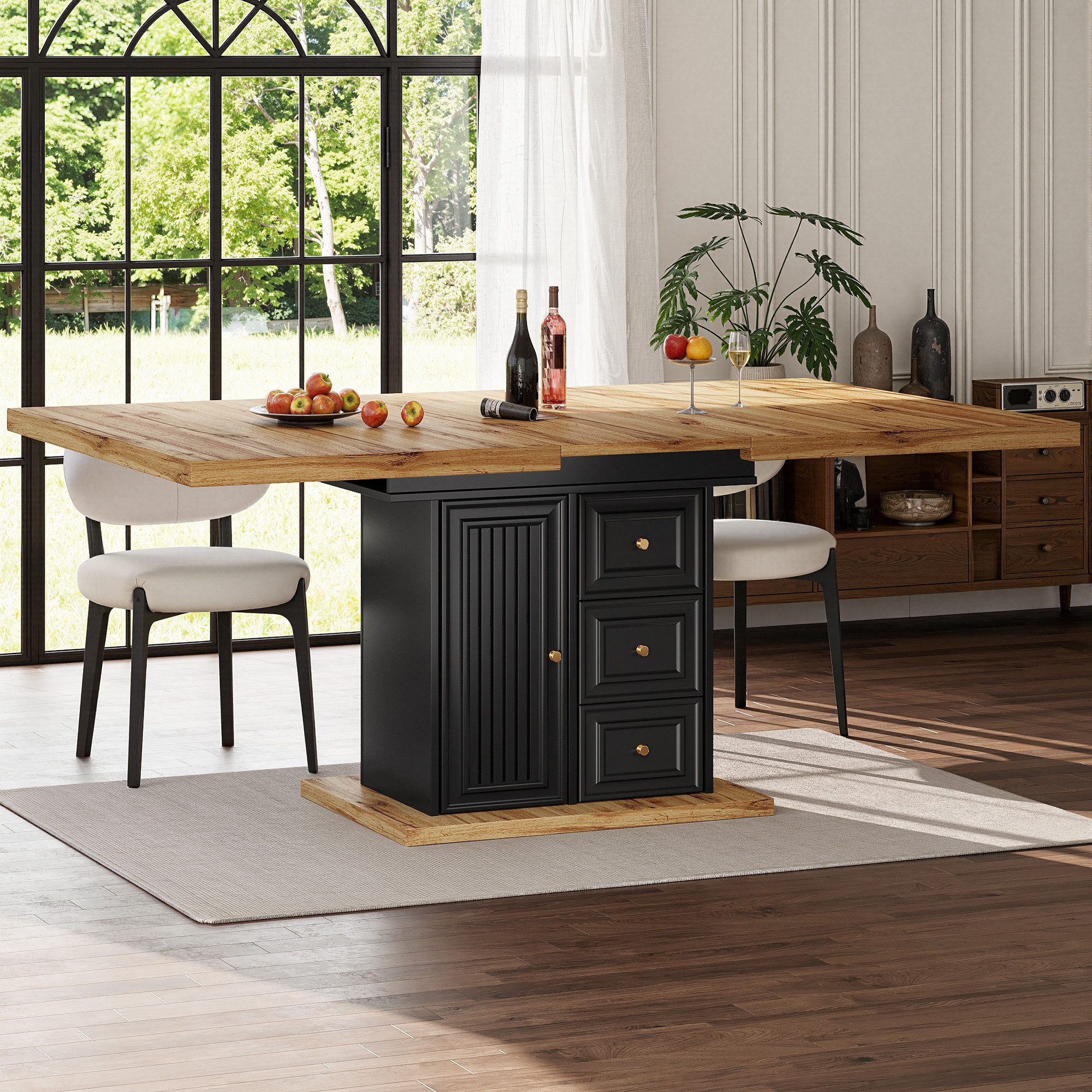 Flieks Esstisch ausziehbar (erweiterbare Tischplatte in Holzoptik, Länge110-140x80x75 cm, 1-St., 1 Tisch), rechteckiger Küchentisch mit 2 Schubladen und Türen Schreibtisch