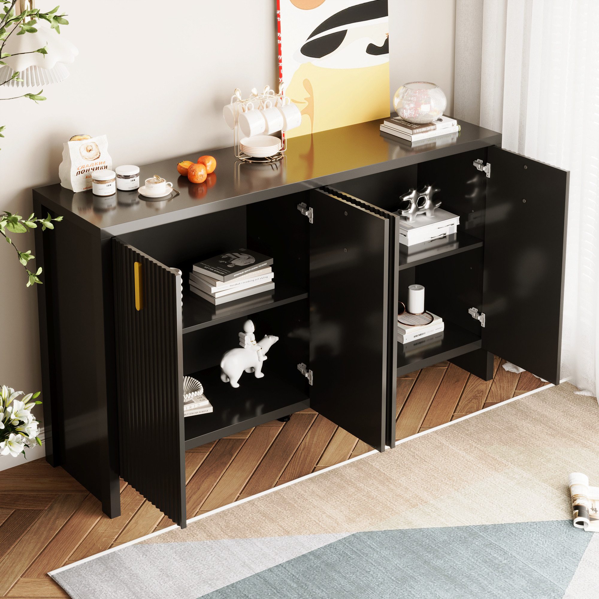 Merax Sideboard mit vier Türen und verstellbaren Einlegeböden, Kommode mit Metallgriffe,Wohnzimmerschrank,Buffet,B:140cm
