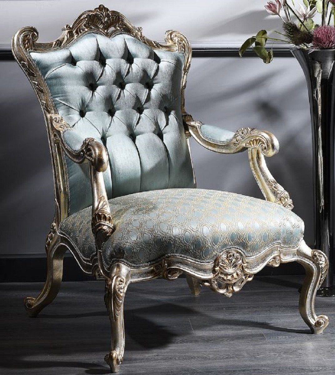Casa Padrino Chesterfield-Sessel Luxus Barock Chesterfield Thron Sessel Türkis / Gold / Silber 87 x 83 x H. 110 cm - Barockmöbel