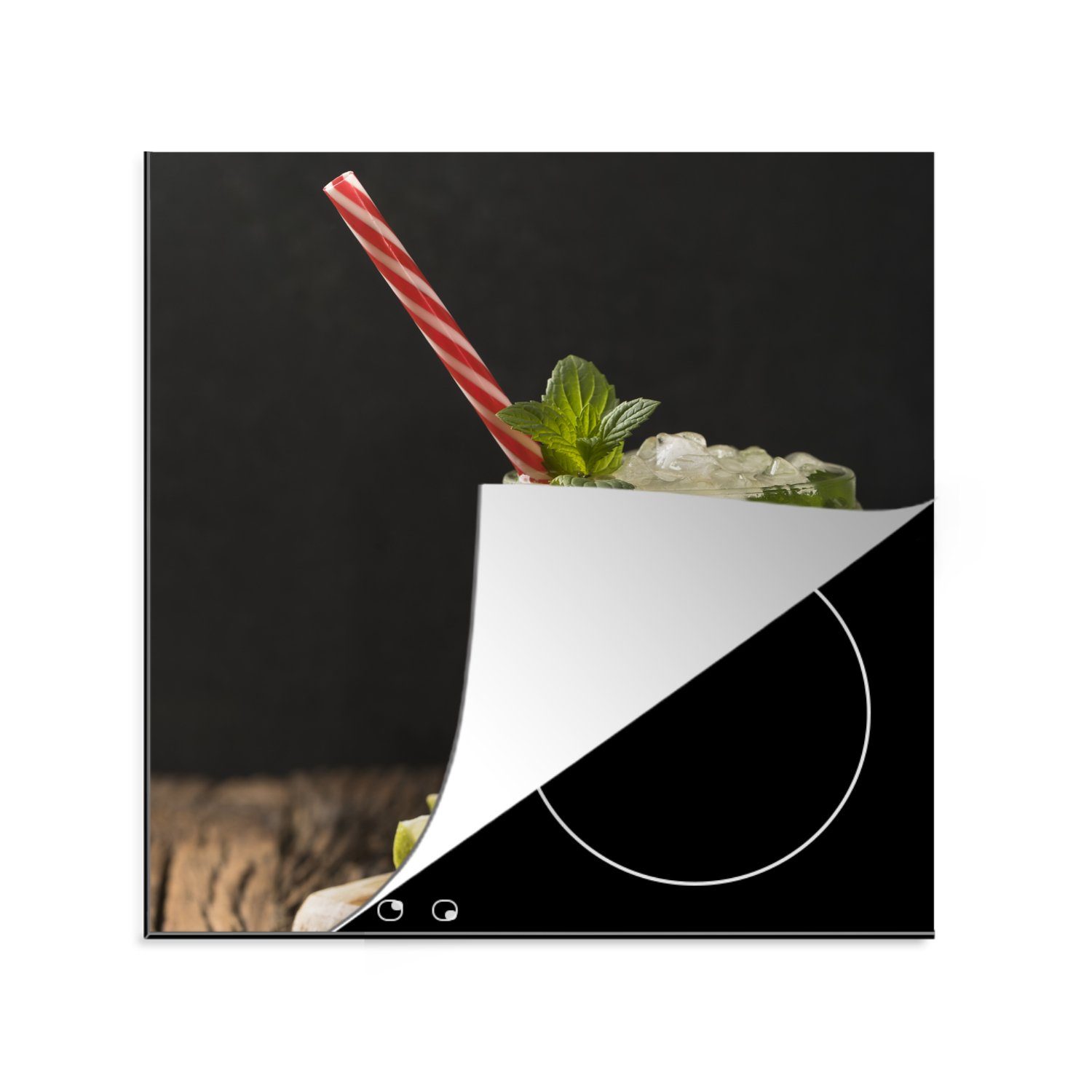 MuchoWow Herdblende-/Abdeckplatte Mojito mit rot-weißem Strohhalm, Vinyl, (1 tlg), 78x78 cm, Ceranfeldabdeckung, Arbeitsplatte für küche
