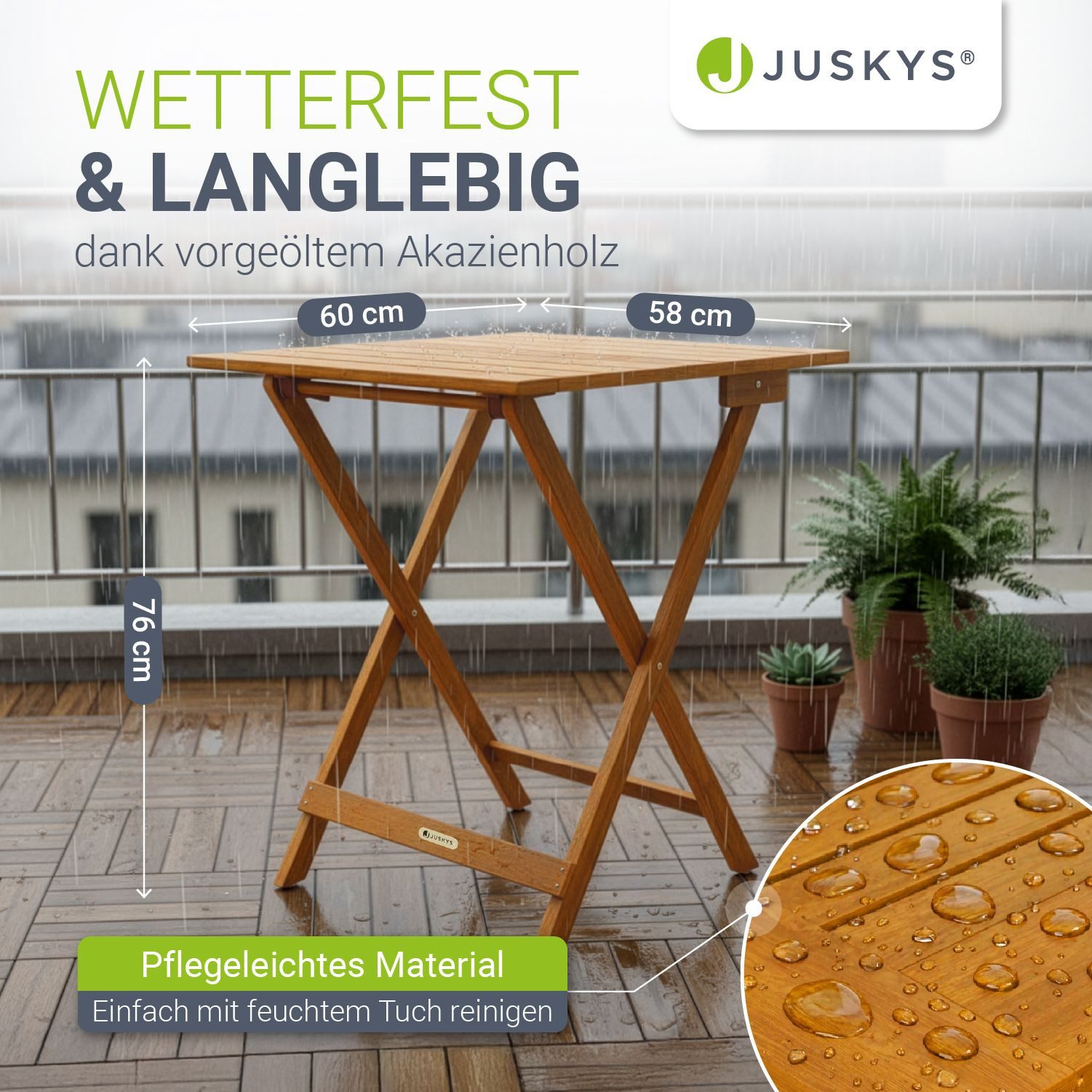 Juskys Gartentisch Zadar, Robustes Akazienholz, Klapptisch platzsparend, Leicht und mobil