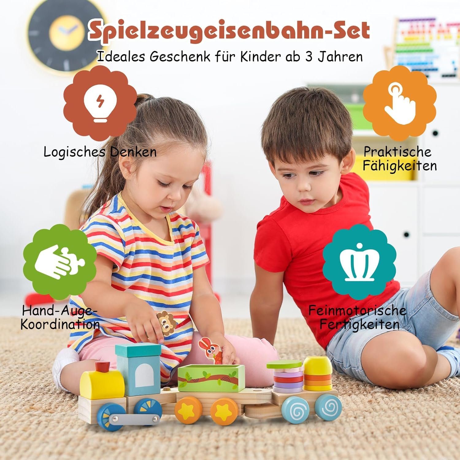 KOMFOTTEU Spielzeugeisenbahn-Set, mit Lokomotive, Tieren & stapelbaren Holz günstig online kaufen