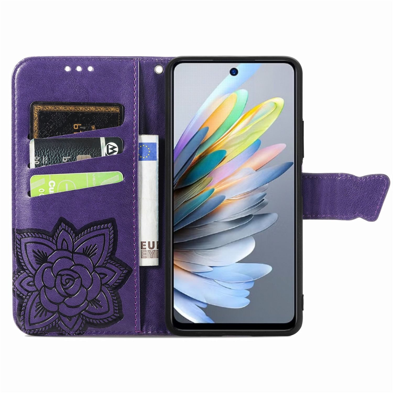 Wigento Smartphone-Hülle Für Motorola Moto G35 Kunstleder Schmetterling Book Tasche Hülle Lila, Kunst-Leder Schutzhülle Smart Case Cover magnetischer Verschluss