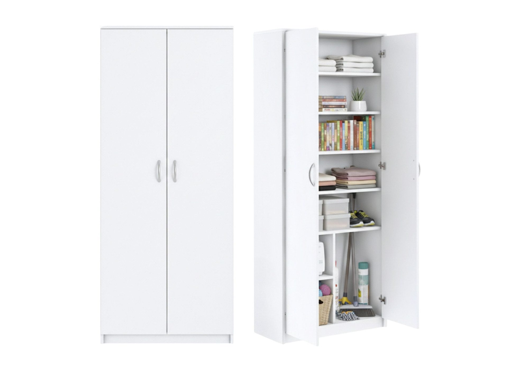 Home Collective Mehrzweckschrank mit 8 Fächern Besenschrank Haushaltsschrank (74 cm breit aus Laminatplatte und hochwertigen Polymergriffen) in mattem Finish mit 6 Einlegeböden und 2 Türen weiß