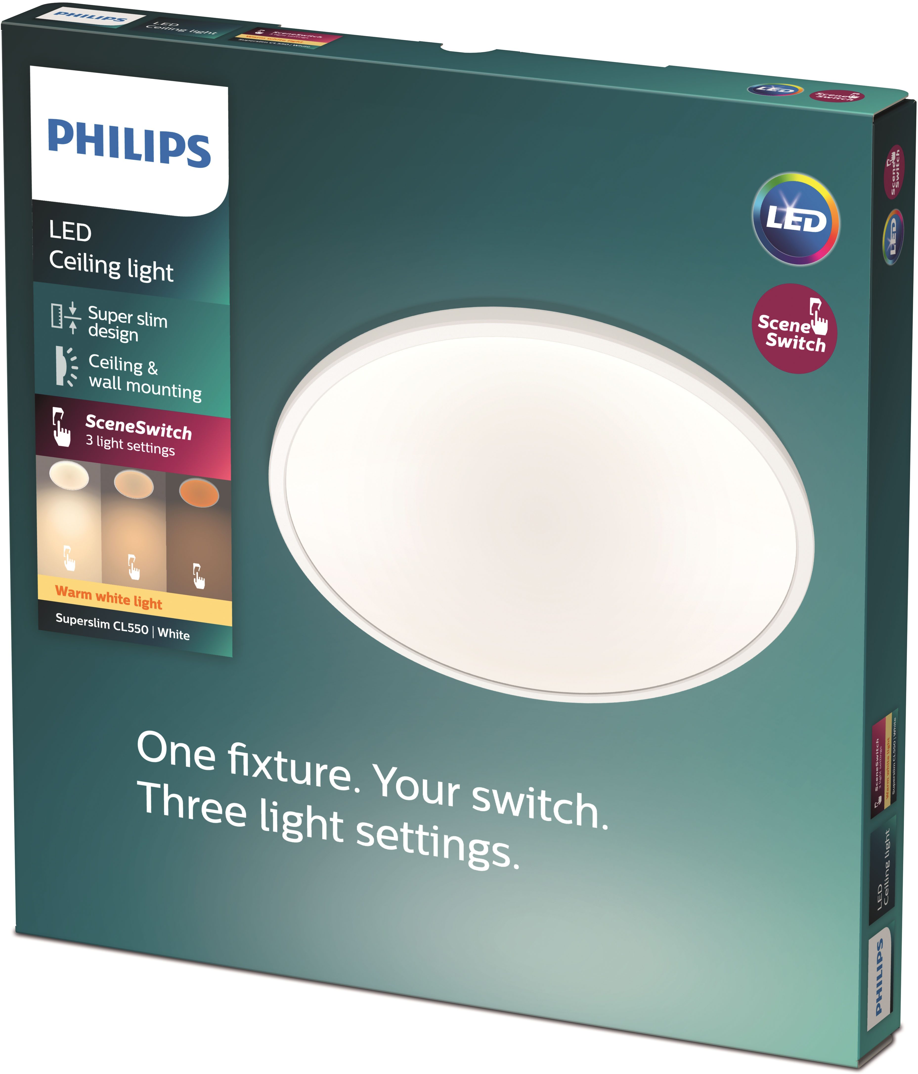 Philips LED Deckenleuchte Superslim 3-in-1 LED Leuchte, CL550, 2700K, Dimmfunktion, Memoryfunktion, dimmbar über Fernbedienung, mehrere Helligkeitsstufen, LED fest integriert, Warmweiß, SceneSwitch, warmweiß, LED, dimmbar mit Lichtschalter