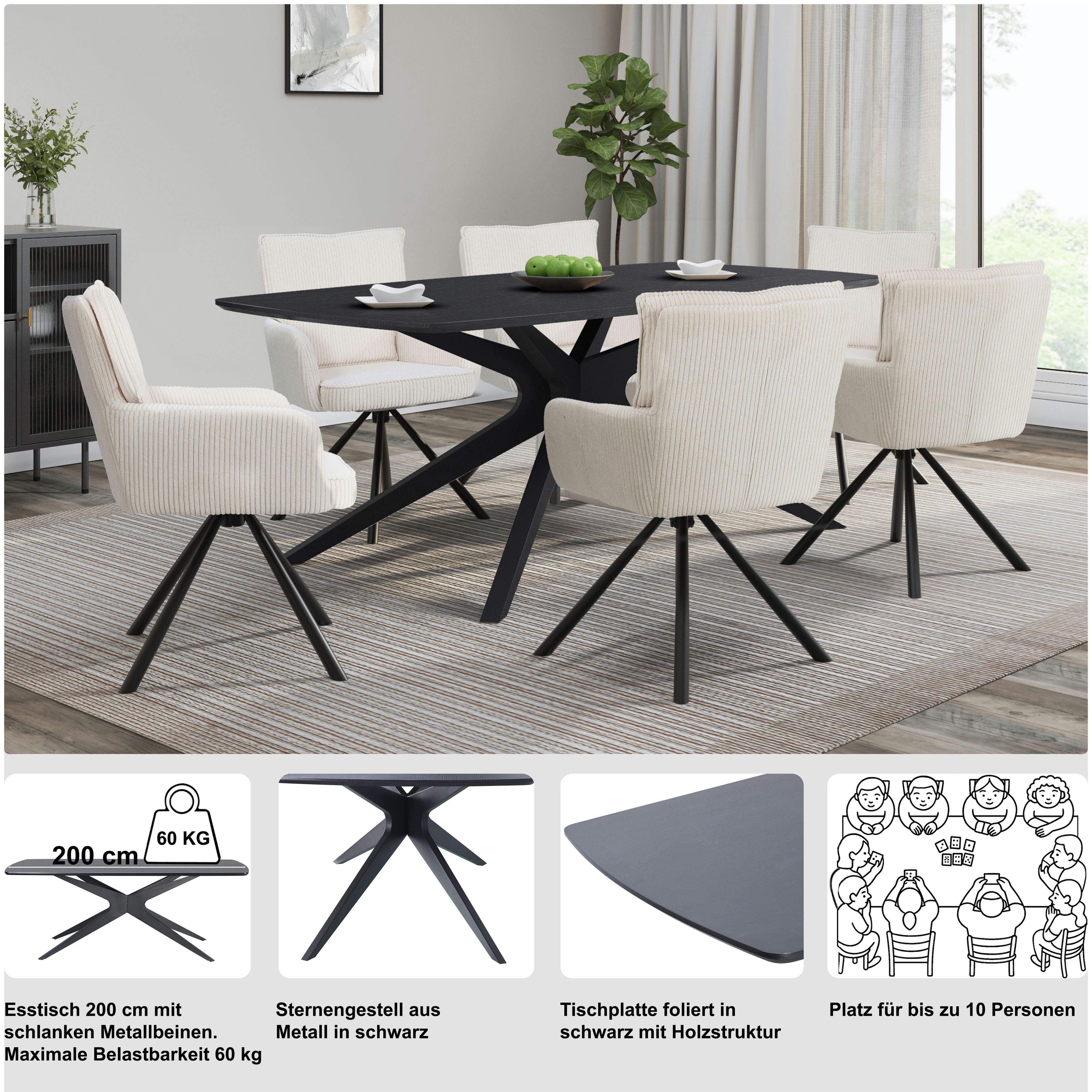 OTTO home Esstisch Dakona, Tischplatte mit Holzstruktur, schwarze Metallbeine, Höhe 76 cm