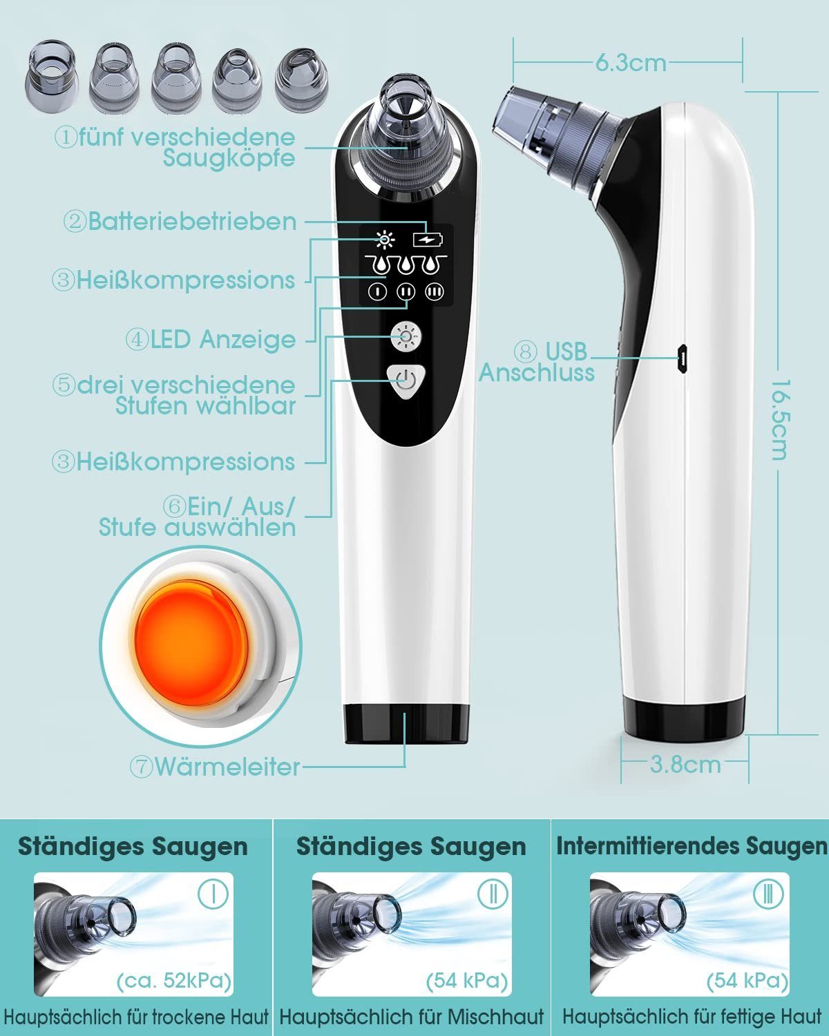 mit Ansaugstufen,Wärme,für 5 Vakuumsaugung,Mitesserextraktor, XDeer Saugköpfe,3 Hauttypen Verschiedene Porenreiniger,Elektrische Mitesserentferner