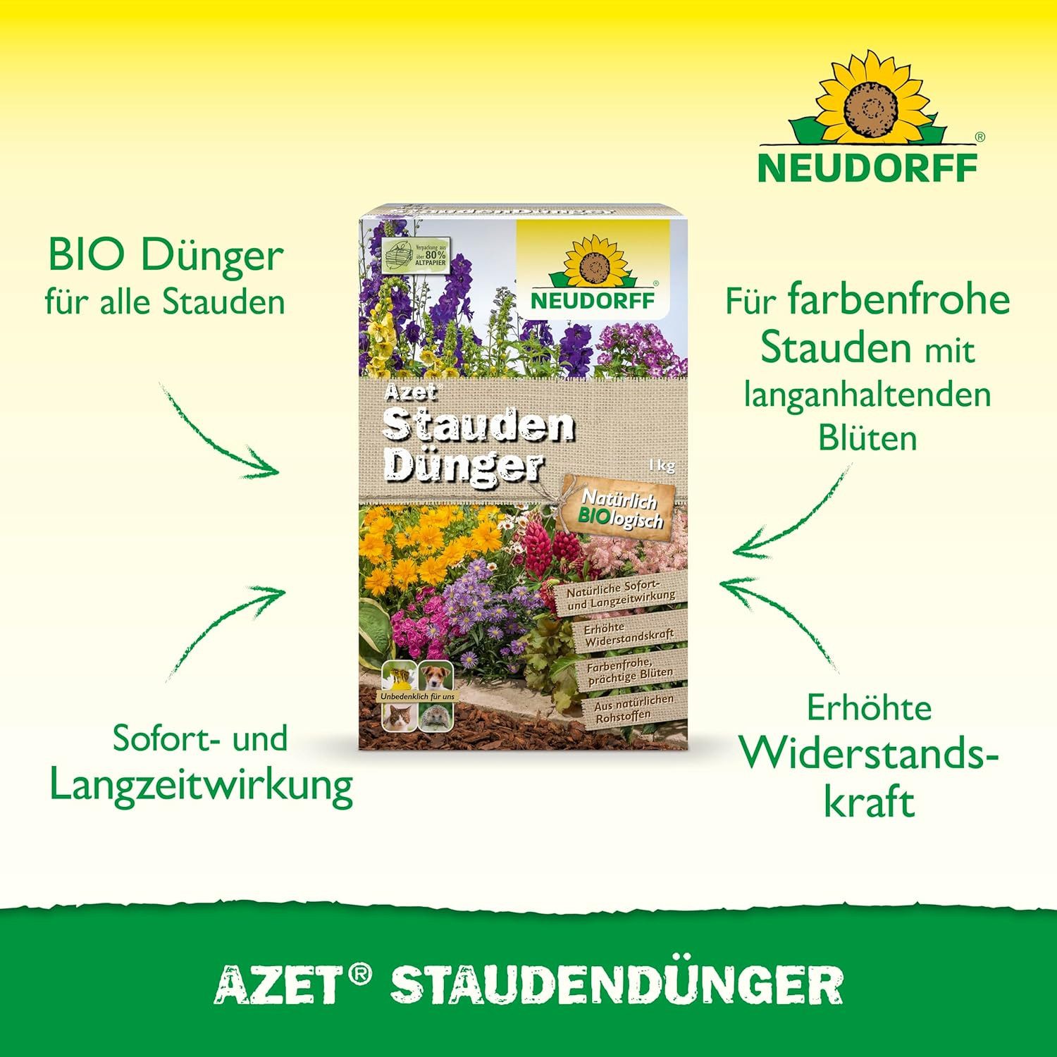 Neudorff Blumendünger Azet StaudenDünger 1 kg, organischer Langzeitdünger mit Sofort- & Langzeitwirkung, aus natürlichen Rohstoffen