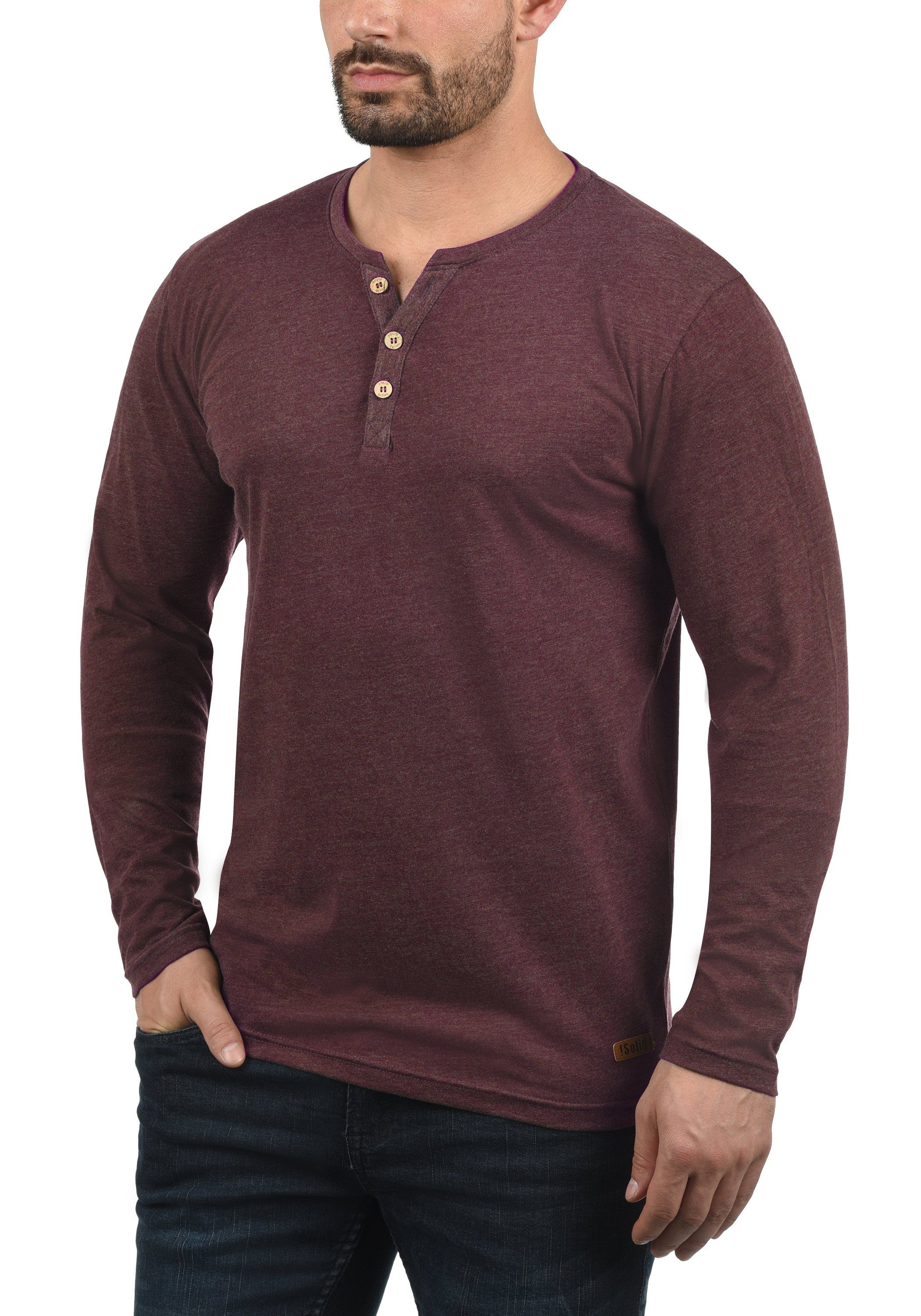 Solid Rundhalsshirt SDVolko Longsleeve mit Melange Wine Knopfleiste (8985) Red