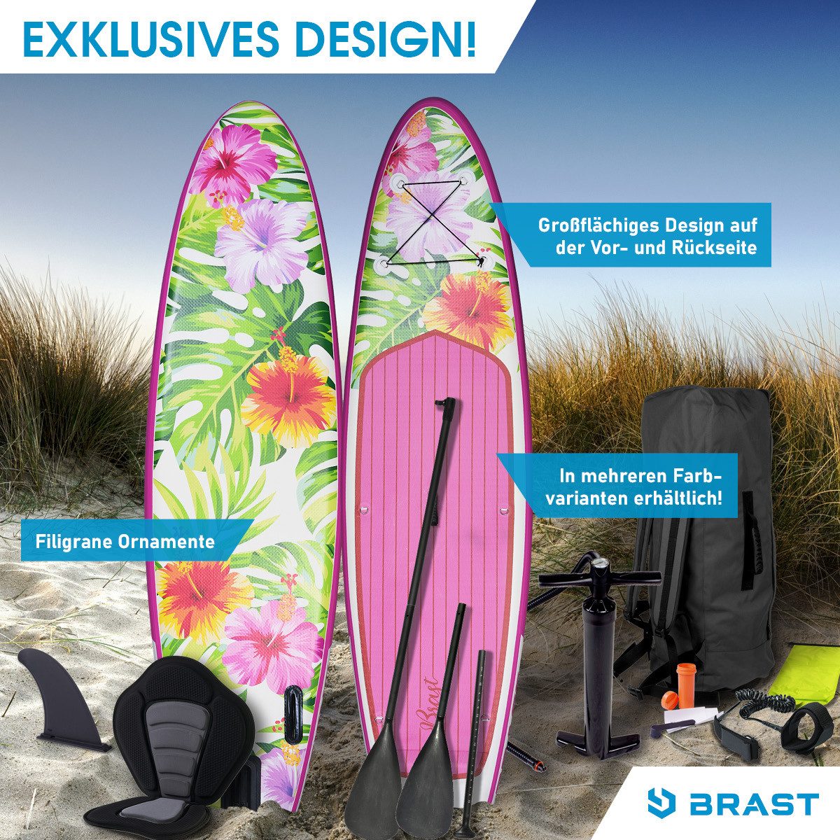 BRAST SUP-Board Aufblasbares Stand up Paddle Set für Frauen viele Modelle, (300x76x15cm), incl. Zubehör, 5 Jahre Garantie, Fußschlaufe Paddel Pumpe Rucksack