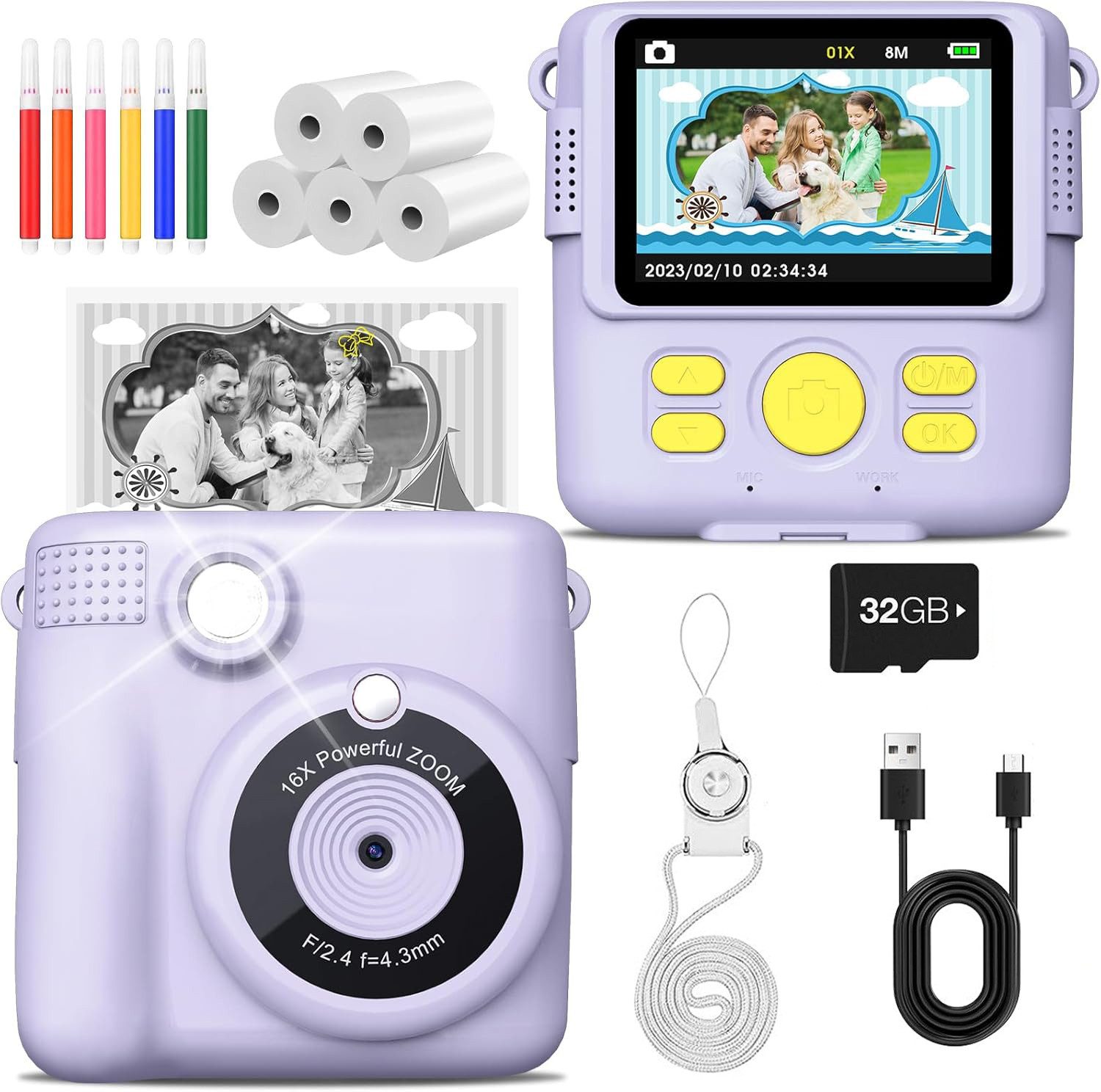 Minicloss 1080P Kinder-Digitalkamera mit 32GB SD-Karte und Druckpapier Kinderkamera (2,4-Zoll Sofortbildkamera für Jungen und Mädchen von 3–14 Jahren)