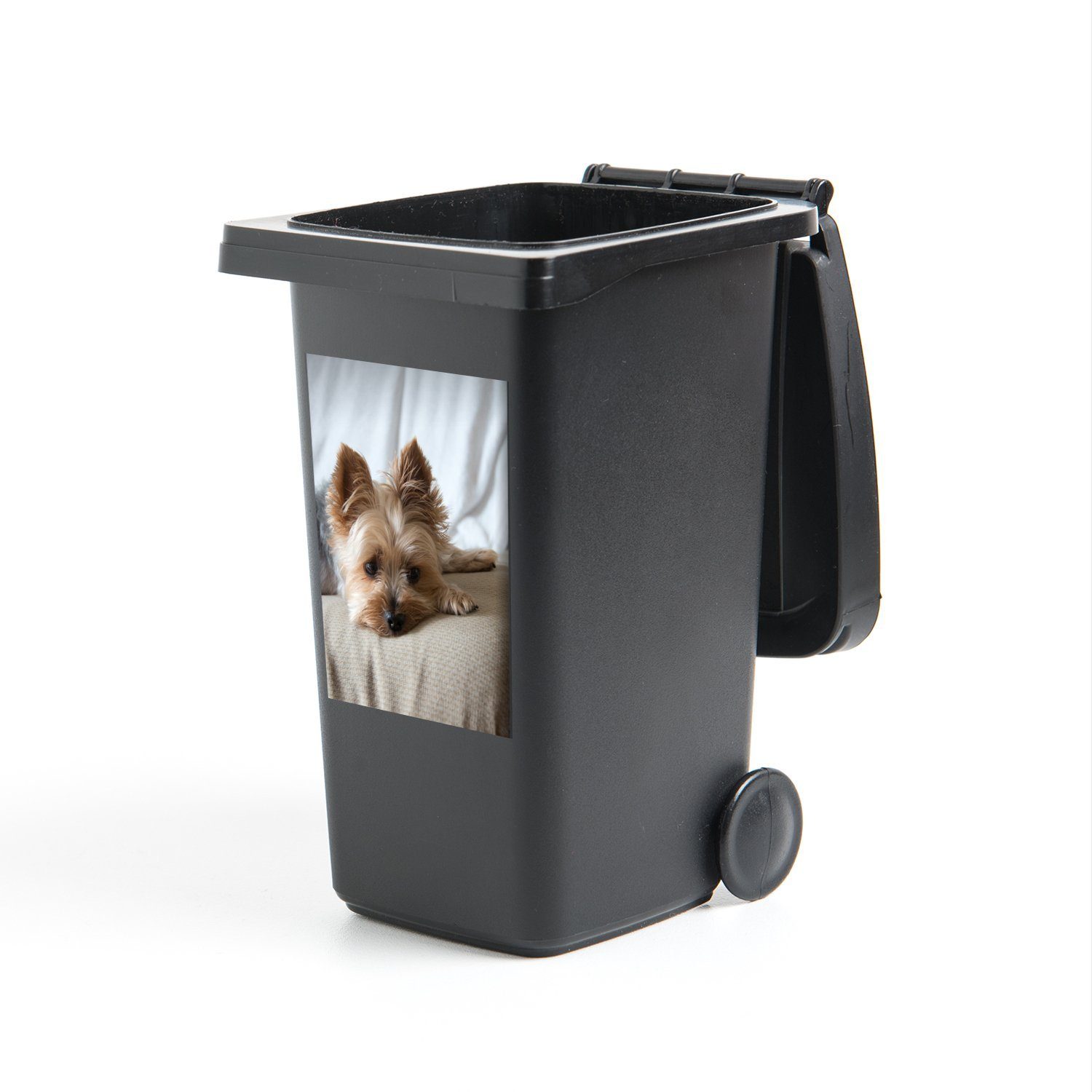 MuchoWow Wandsticker Yorkshire Terrier liegt schlafend auf dem Sofa (1 St), Mülleimer-aufkleber, Mülltonne, Sticker, Container, Abfalbehälter
