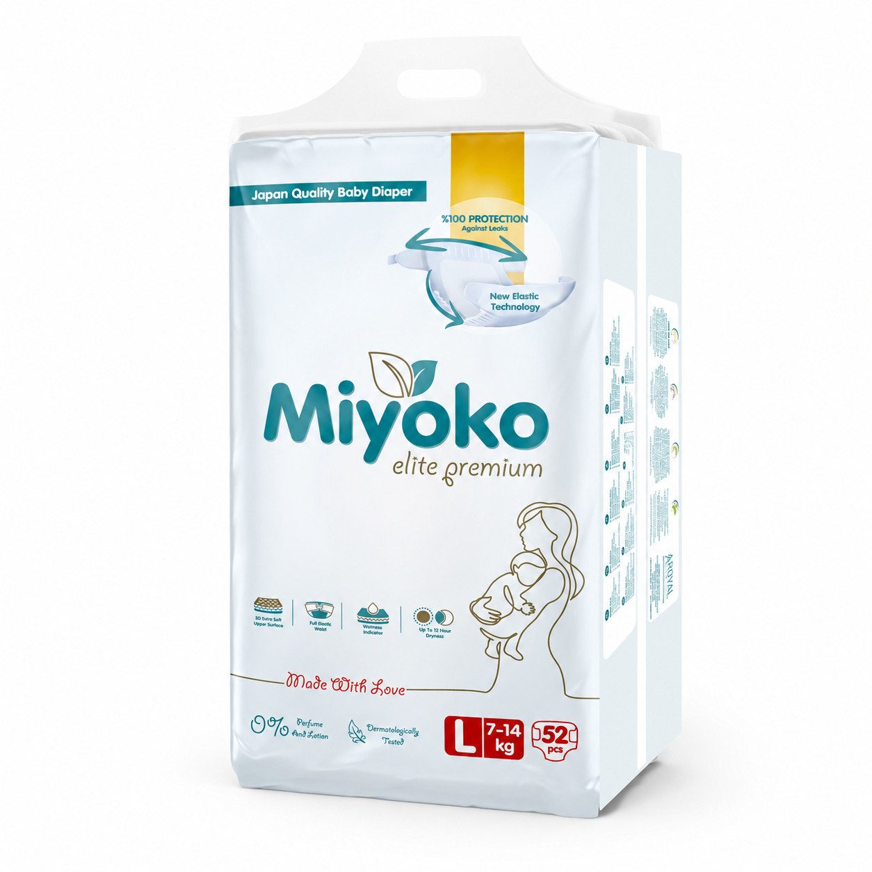 Preline Windeln Miyoko Elite Premium Babywindel, 3D extra weiche Oberfläche (Einzelpackung, 1er-Set, Größe S–XXL, 38–68 Stück je nach Größe), Nässeindikator, elastischer Bund, bis zu 12 Std. Trockenheit