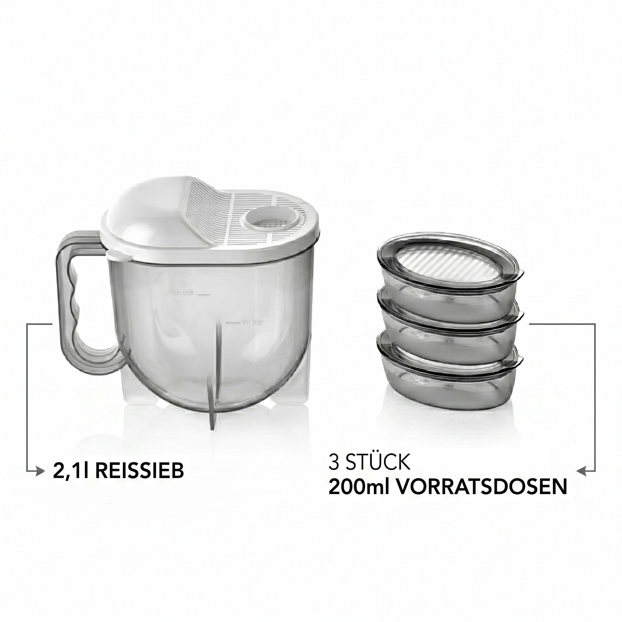 Vip Ahmet Vorratsdose Vorratsdosen und Sieb, 2er Set, BPA-frei (3x0,2L, 1x2,1L), Kunststoff, (3-tlg., 3x 0,2L Behälter, 1x2,1L Reissieb), Reissieb & Aufbewahrungsdosen
