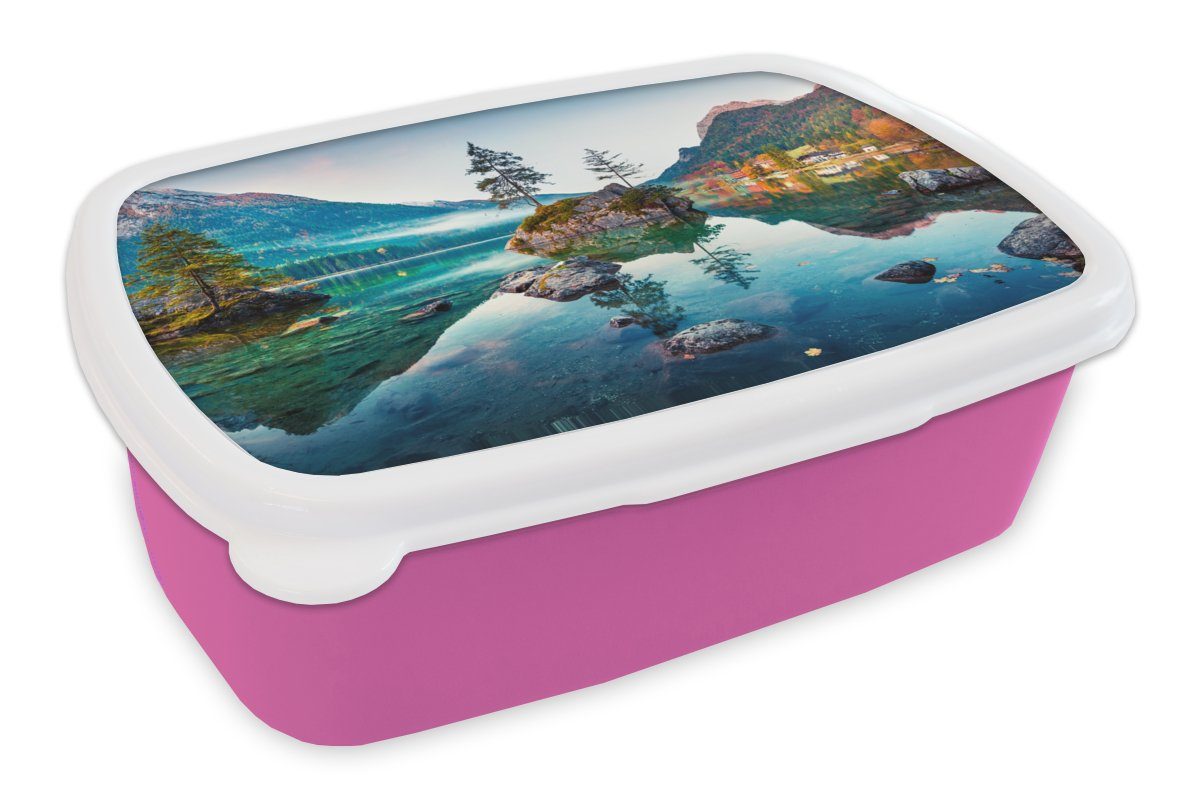 MuchoWow Lunchbox Berge - See - Bäume - Natur - Wasser, Kunststoff, (2-tlg), Brotbox für Erwachsene, Brotdose Kinder, Snackbox, Mädchen, Kunststoff rosa