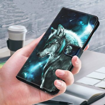 CLM-Tech Handytasche Hülle für Xiaomi Redmi Note 12 Pro 5G Tasche aus Kunstleder Klapphülle (Wolf blau schwarz, Handyhülle Wallet Flip Case Cover Etui), Standfunktion, Kartenfächer, Magnetverschluss