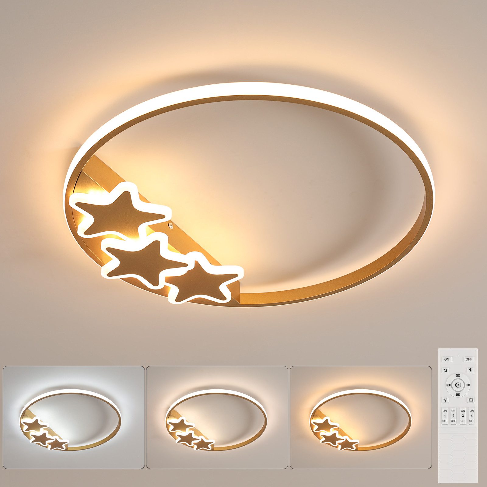 Riserva Deckenleuchten Stern LED Deckenleuchte, 37W dimmbar 3000-6500K, Ra80, Gold, 50cm