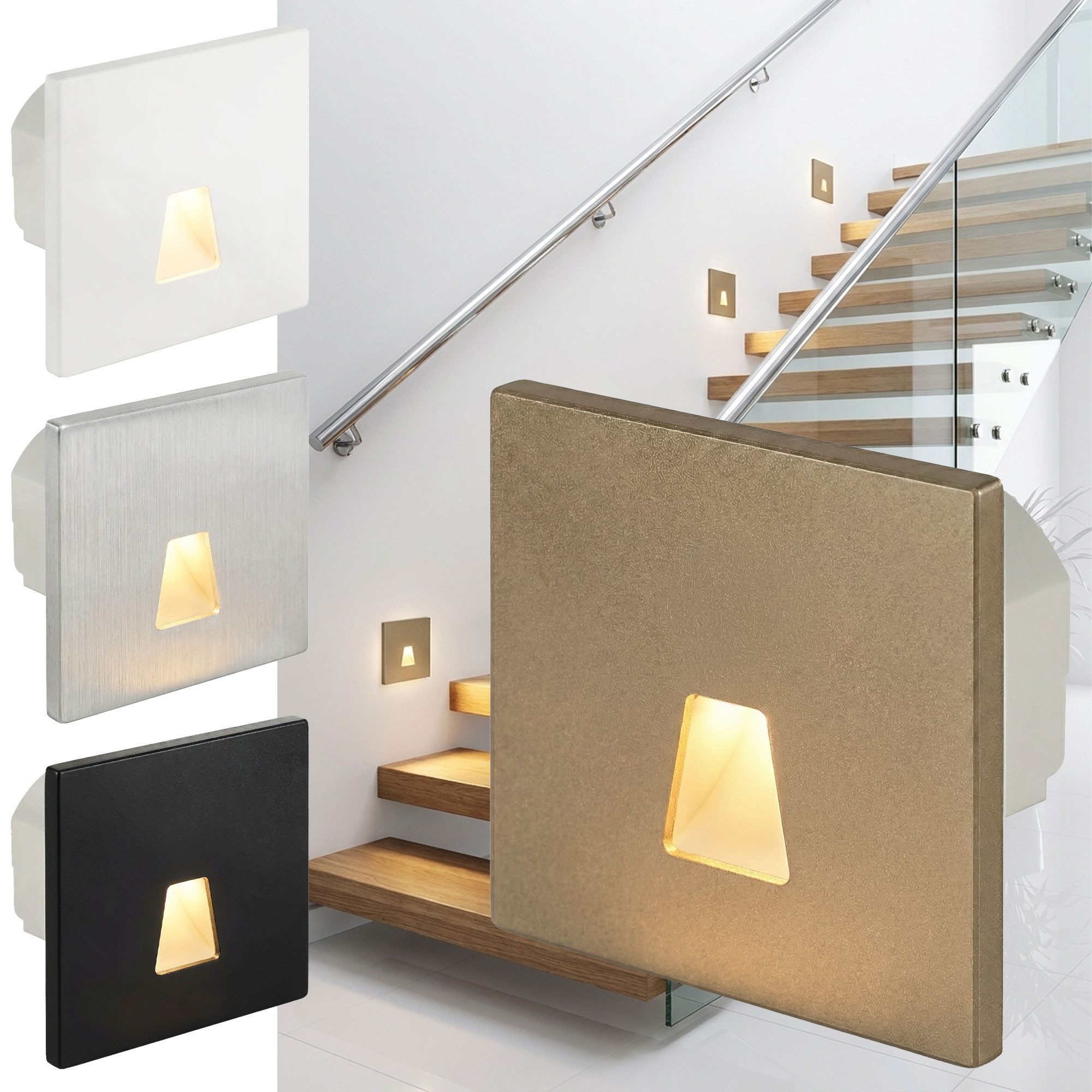 Maxkomfort LED Einbauleuchte - Treppenbeleuchtung Modular mit/ohne Bewegungsmelder - Stufenlicht, ohne Bewegungsmelder, LED fest integriert, 3 Lichtfarben einstellbar - Wandeinbauleuchte Treppe Innen Rund/Eckig