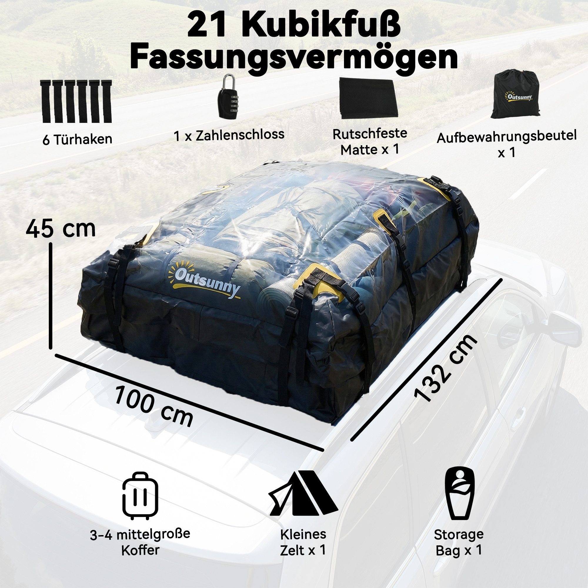 Outsunny Dachbox mit Anti-Rutsch-Matte, 10 Schwerlastgurten, 6 Türhaken, Gepäckschloss, (Dachkoffer, 1-St., Dachgepäckträger), für Fahrzeuge mit,ohne Gepäckträger
