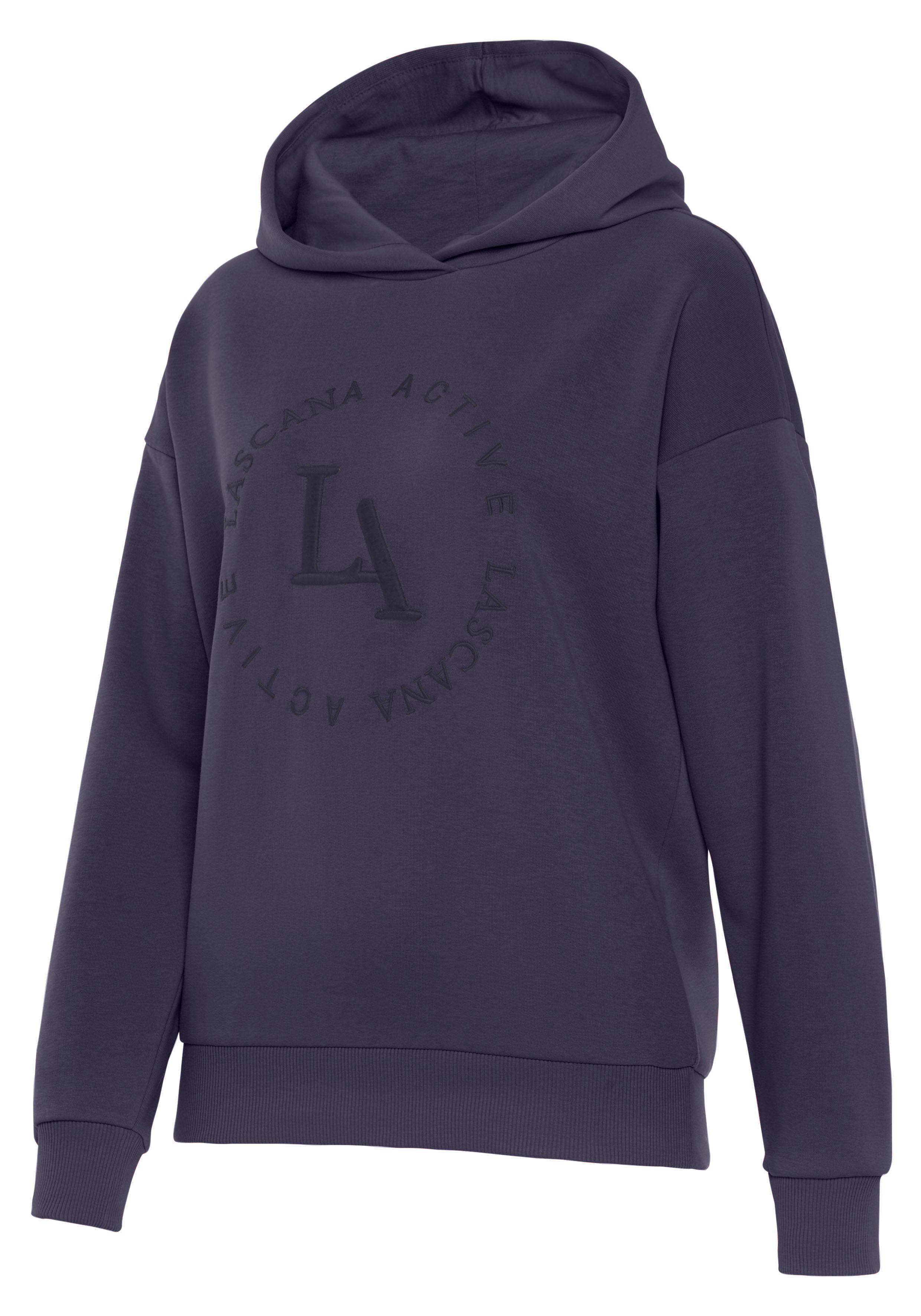 weichen Logostickerei runder marine mit und LASCANA Performance Rippbündchen ACTIVE Hoodie Kapuzensweatshirt -