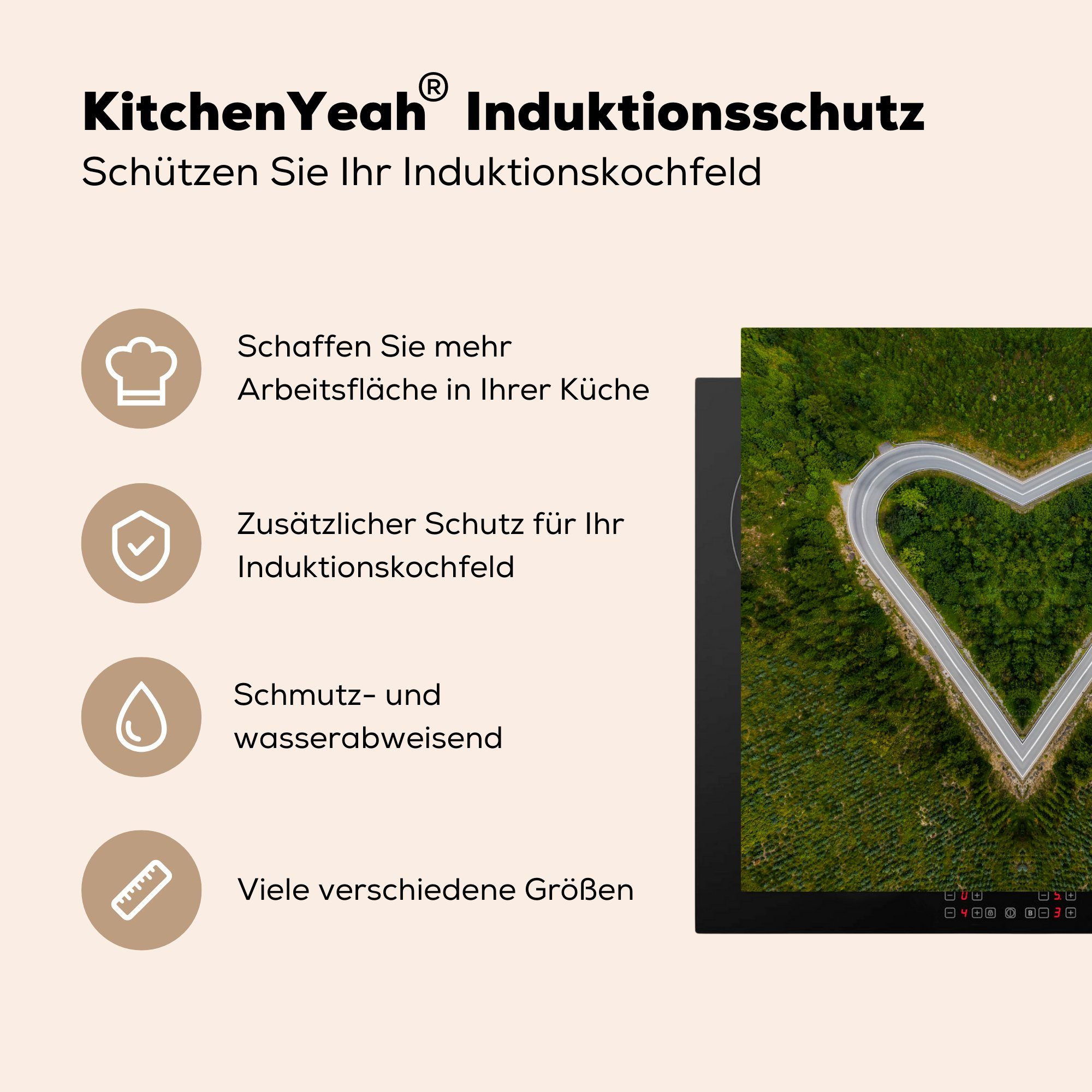 MuchoWow Herdblende-/Abdeckplatte Straße - Herz - für küche tlg), cm, Arbeitsplatte Ceranfeldabdeckung, 78x78 Natur, (1 Vinyl