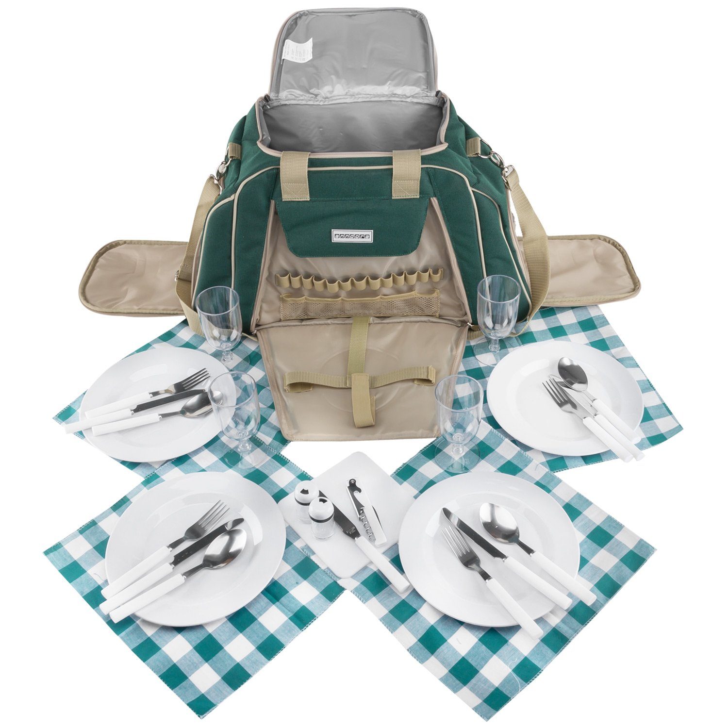 anndora Picknickkorb Picknicktasche für 4 Grün - Farbwahl Personen 29-teilig