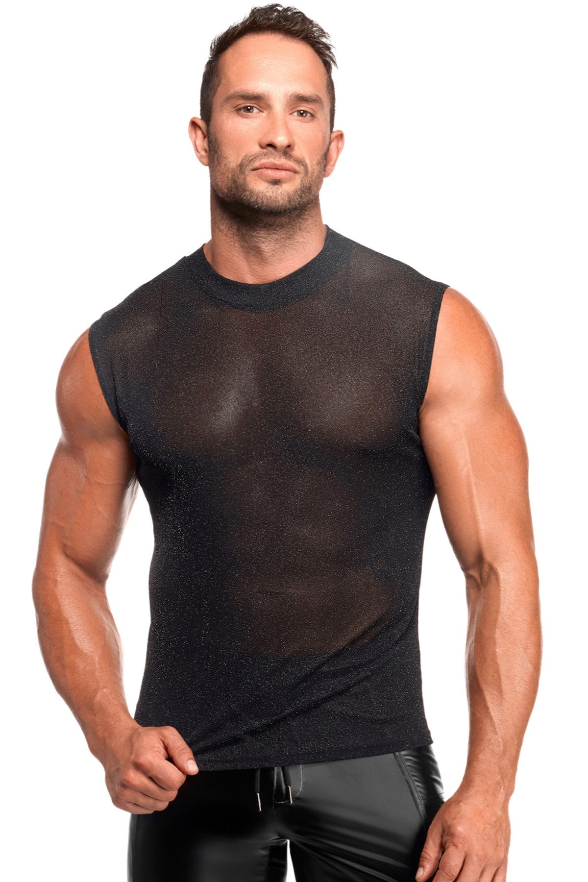 T-Shirt Transparentes Herren Tanktop schwarz aus Mesh Material mit Tüll Rundkr