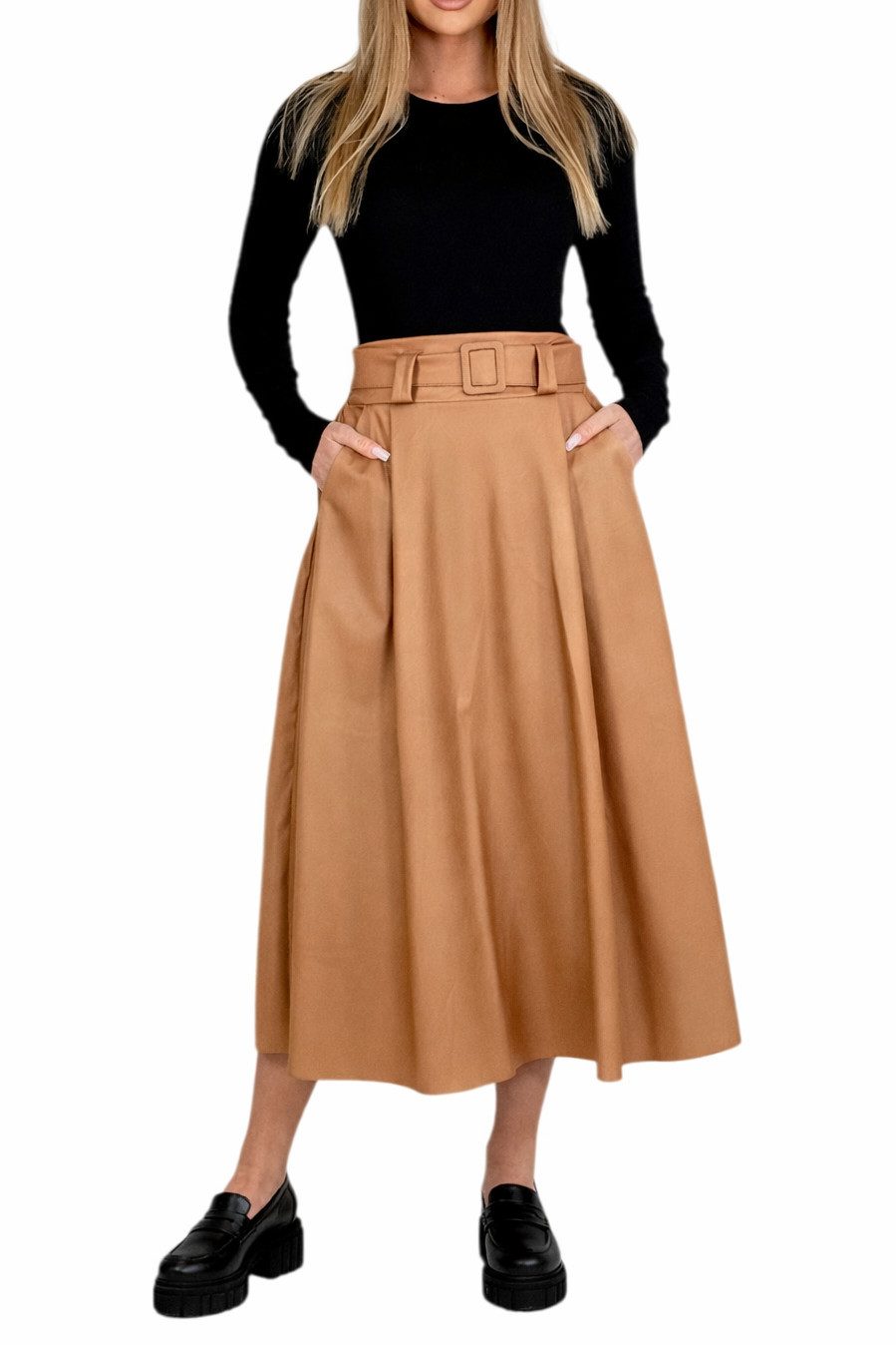 Mississhop Lederimitatrock Damen A-Linien Rock mit Gürtel – Kunstleder M.401