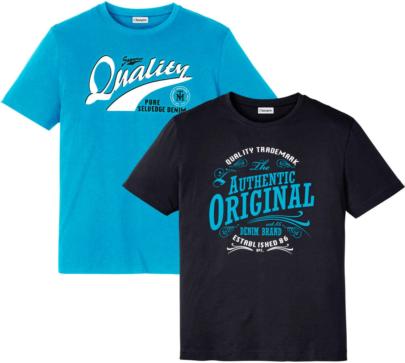 bonprix T-Shirt (Packung, 2-tlg) Regular Fit, Kurzarm-Design, aus Baumwolle, mit Frontdruck