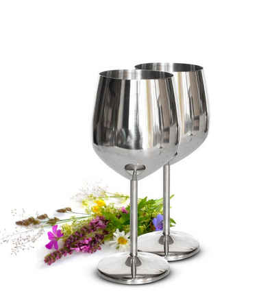 Sendez Weinglas 2 Weingläser 510ml Silber Edelstahl Weinkelch/Becher Rotweinglas unzerbrechlich, Edelstahl