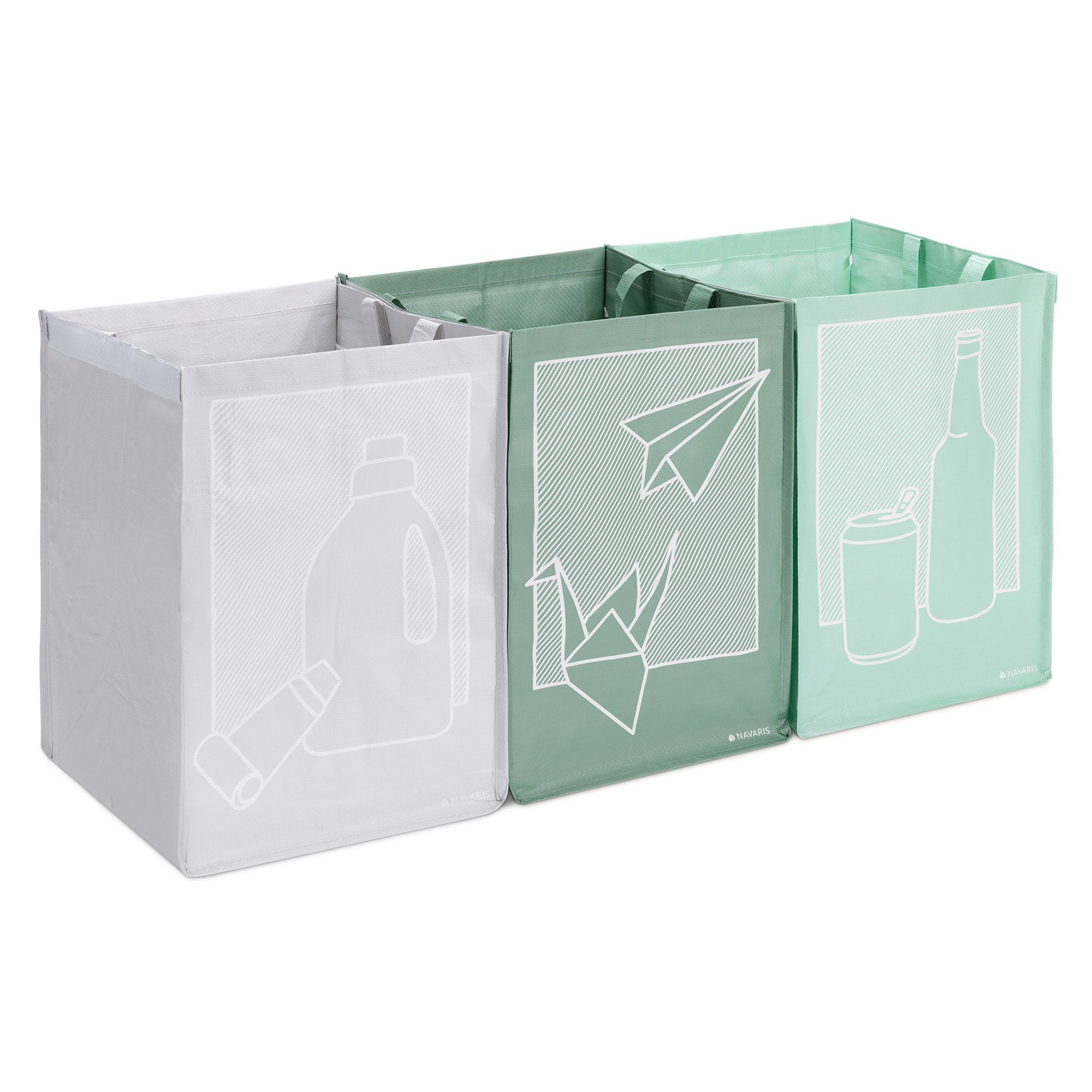 Navaris Mülltrennsystem, 3er Set Recycling Taschen für Glas Plastik und Papier - 3fach Mülleimer Müllsortierer - Mülltrennsystem Behälter für Mülltrennung