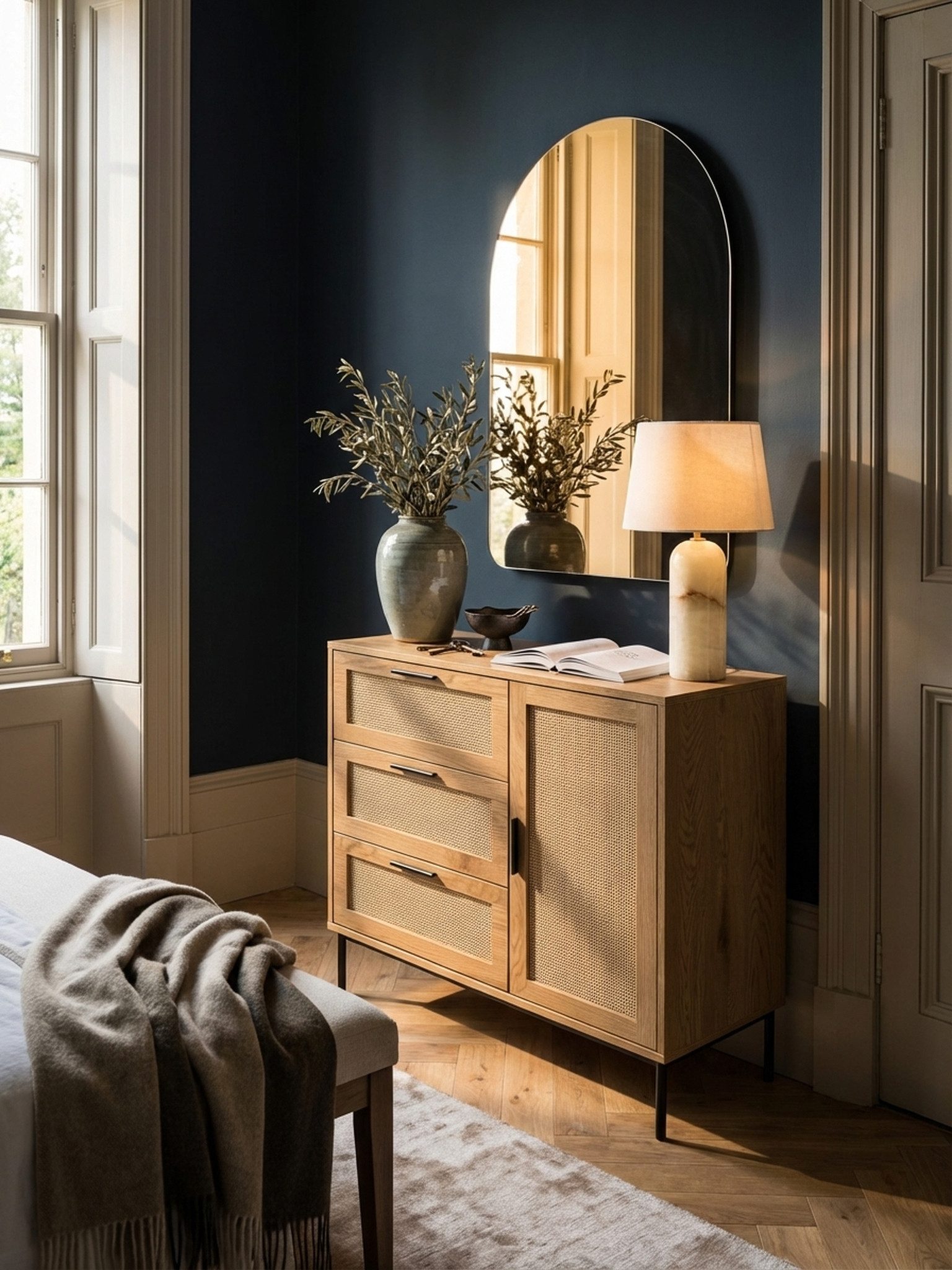 KADIMA DESIGN Kommode Kommode 80x82x36 cm Flurkommode Eiche-Dekor & Rattan, Sideboard mit (Anrichte Schubladenkommode), drei Schubladen und Tür, Kommodenschrank Modern, Standschrank