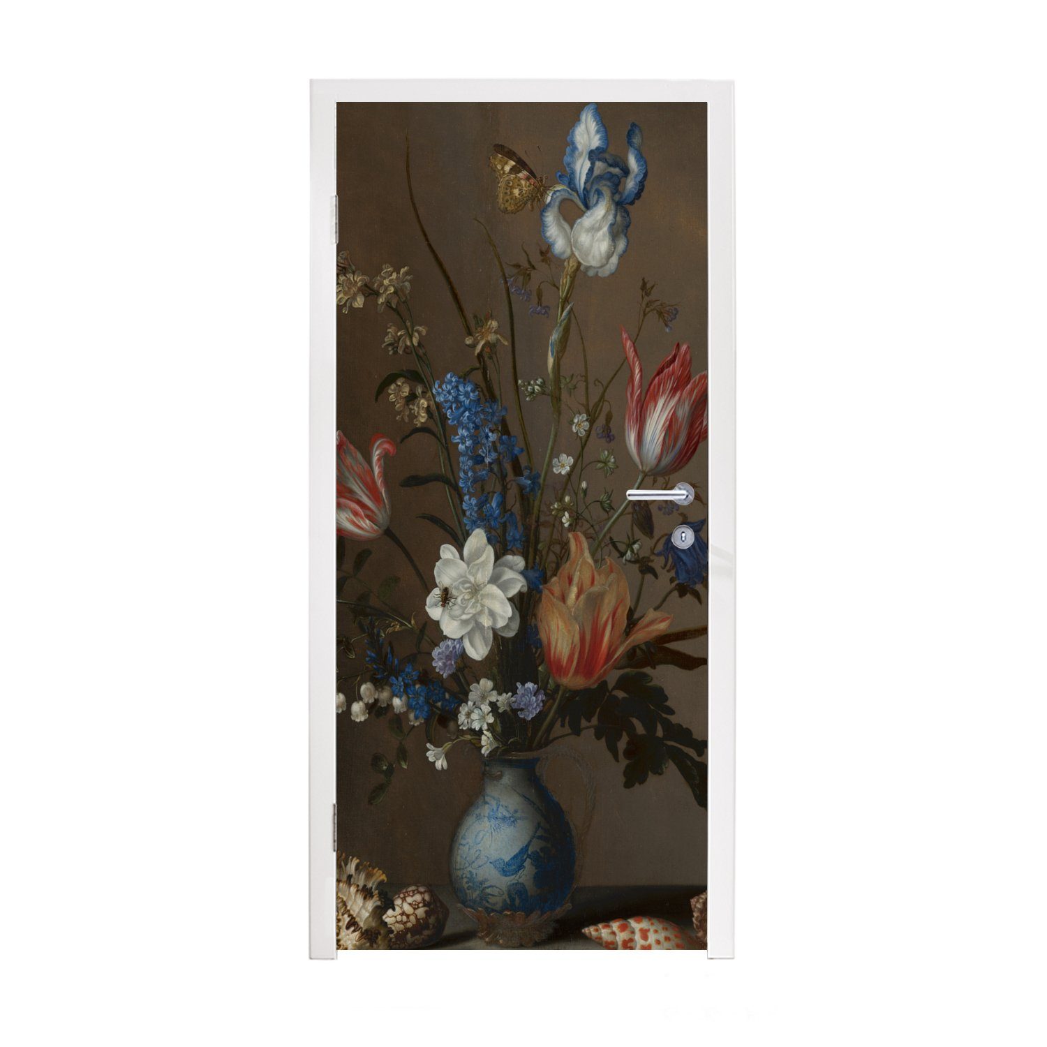 MuchoWow Türtapete Blumen in einer Wan-Li-Vase und Muscheln - Gemälde von Balthasar van, Matt, bedruckt, (1 St), Fototapete für Tür, Türaufkleber, 75x205 cm