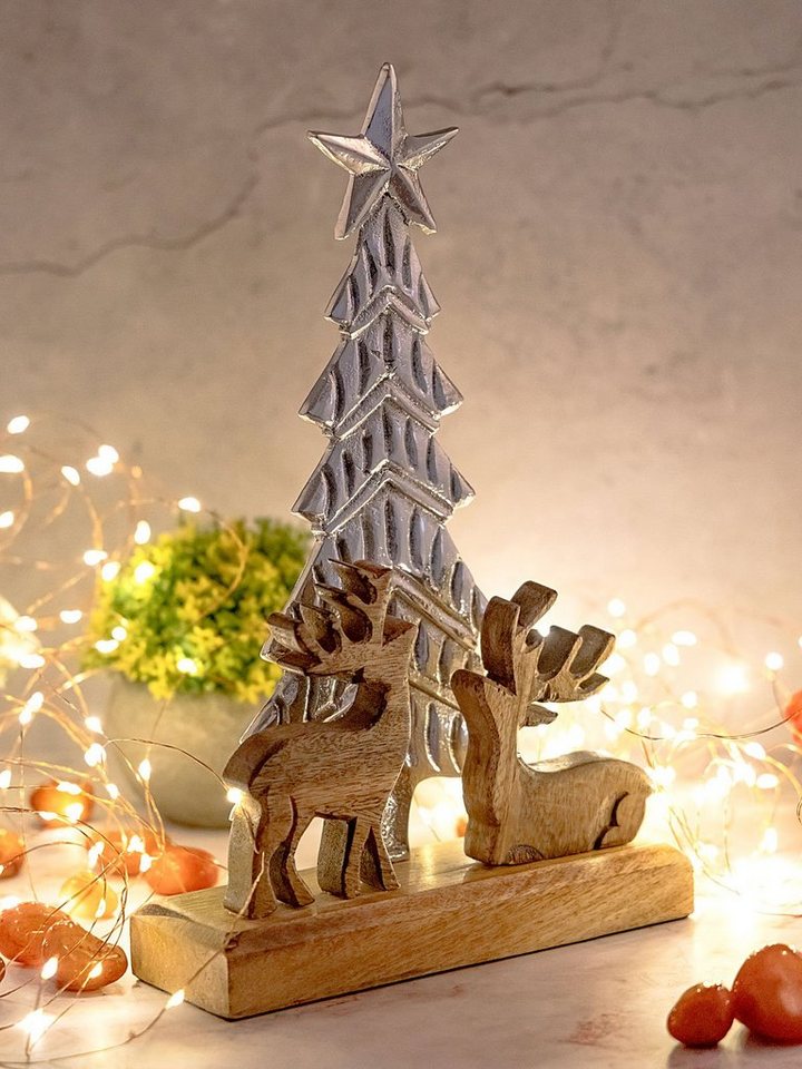 Casamia Dekofigur Dekofigur Weihnachtsbaum mit Hirschen 20x31cm Mangoholz  Aluminium