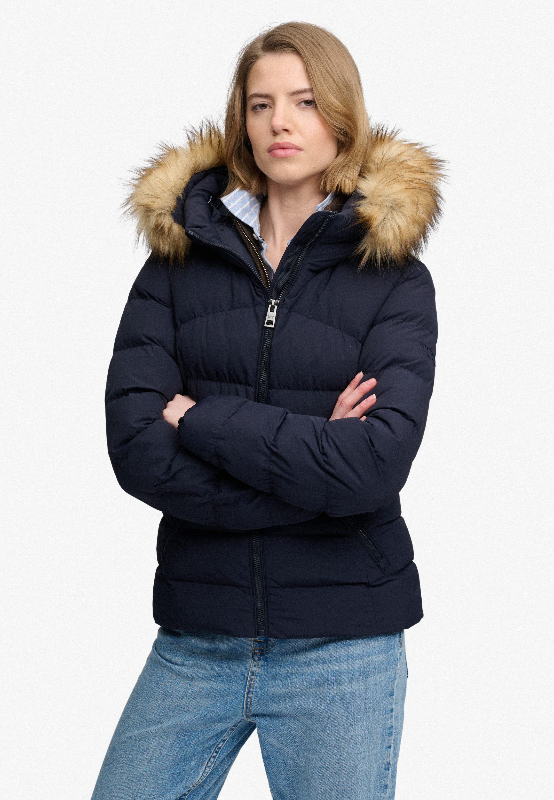 Superdry Steppjacke HOOD FAUX FUR FUJI PADDED JKT Kunstfaser, slim fit