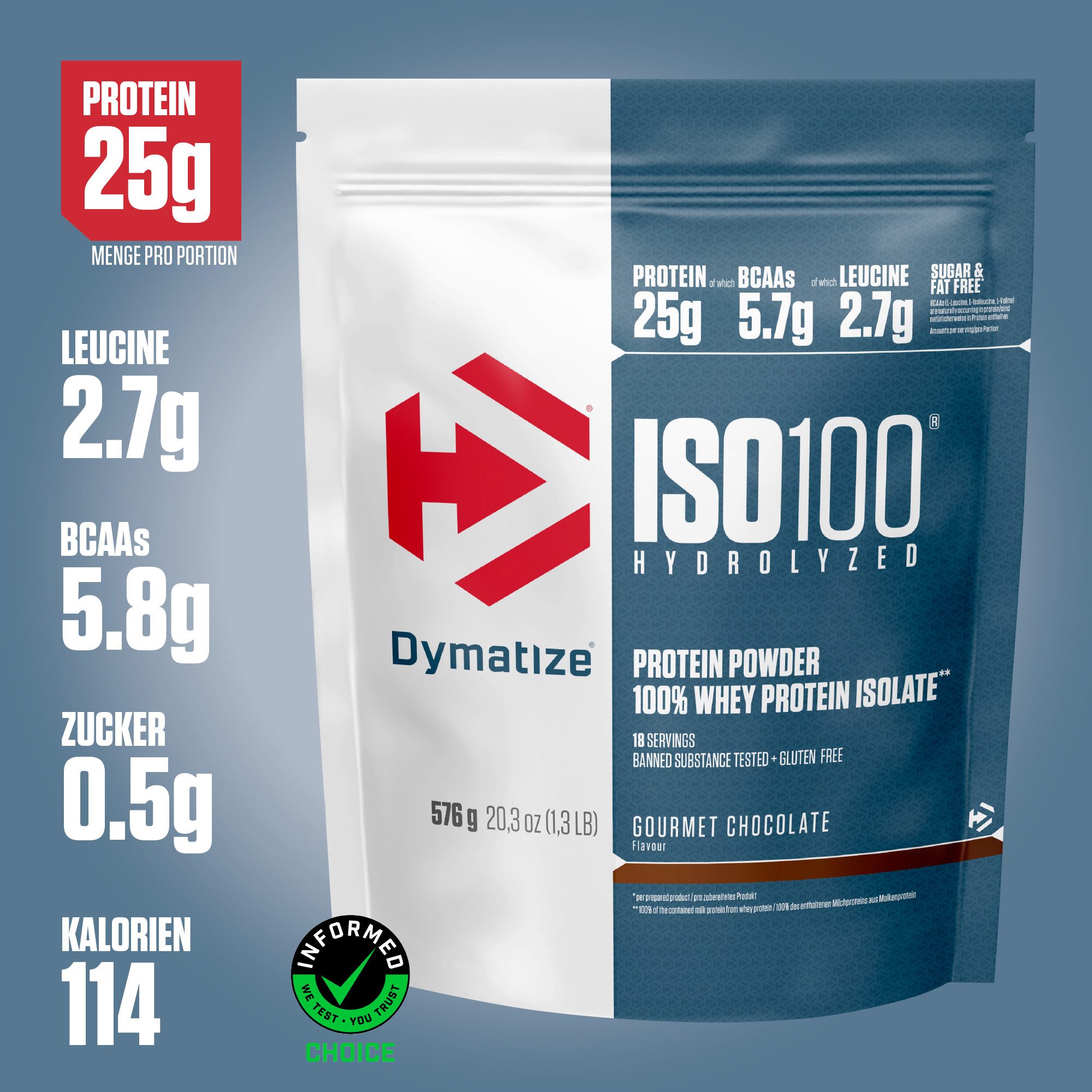 Dymatize Whey Protein Shake ISO 100 Hydrolyzed Gourmet Chocolate 576 g Pulver, 576 g