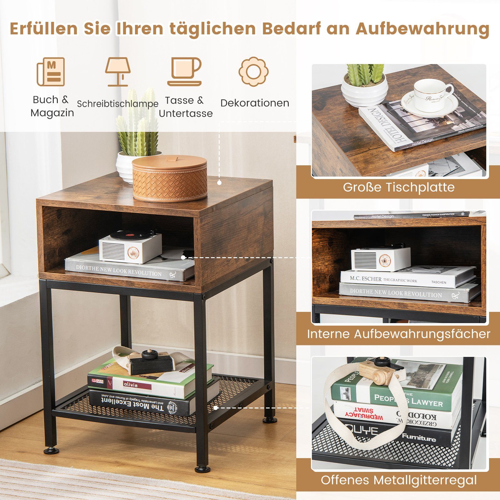 COSTWAY Beistelltisch (1-St), mit Ablagefach & Gitterablage, Metall, 40x40x57,5cm