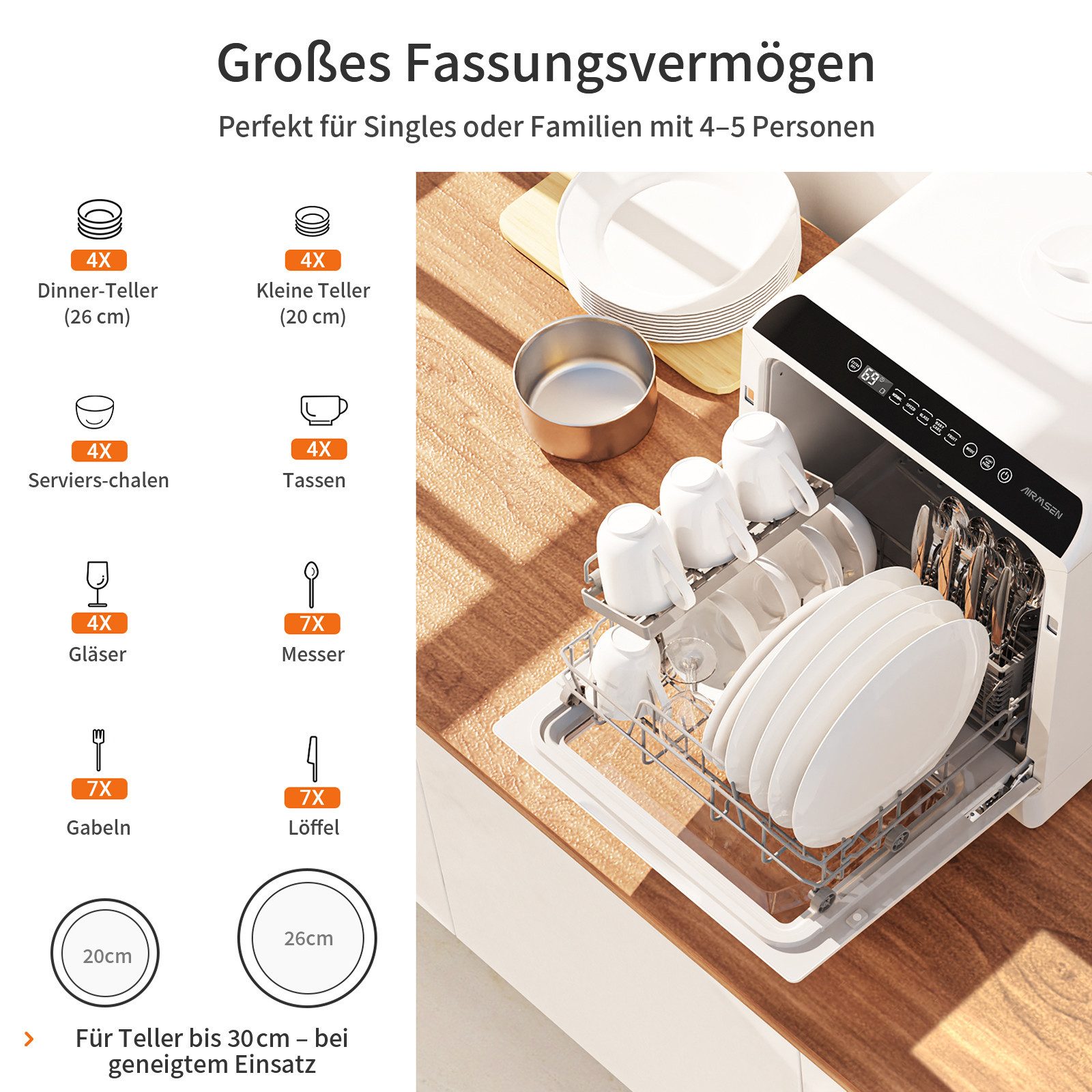 Airmsen Tischgeschirrspüler TDQR03A Mini Geschirrspüler mit 5L Wassertank und 6 Spülprogramme, Hochtemperatur-Trocknung, 4 Maßgedecke, Geeignet für Hausküchen, Wohnungen, Schlafsäle und Wohnmobile