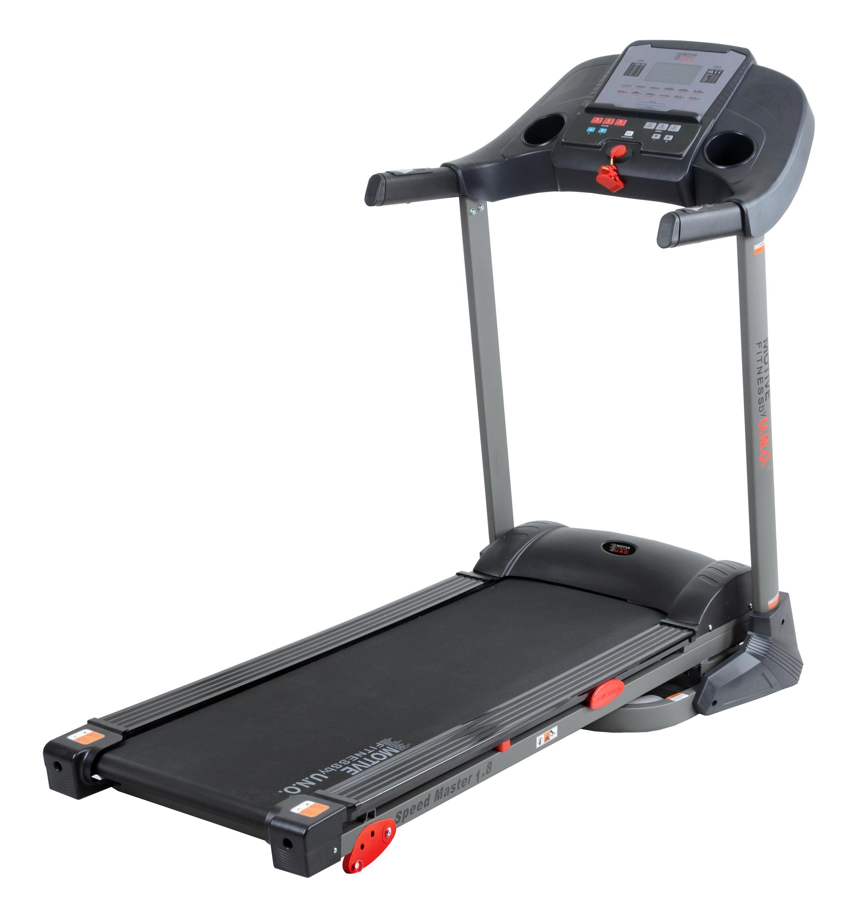 MOTIVE FITNESS by U.N.O. Laufband Speed Master 1.8 M (mit/ohne Unterlegmatte) (Soft-Drop-Klappmechanismus), bis max. 18 km/h, klappbar, mit Steigung, 120 kg max. Benutzergewicht