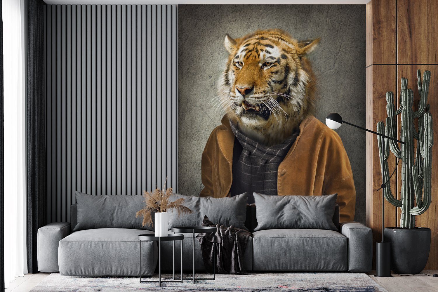 MuchoWow Fototapete Tiger - Kleidung Porträt, Matt, - Tapete (4 Wohnzimmer, bedruckt, St), Wandtapete Montagefertig Vinyl für