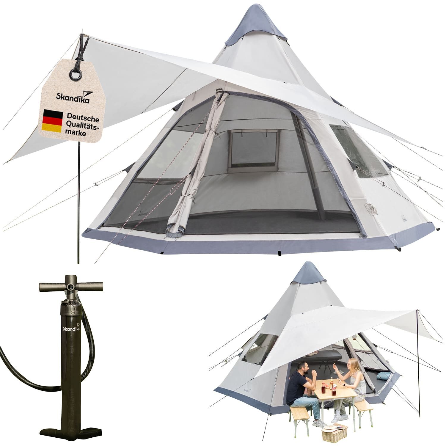 Skandika Tipi-Zelt Luftzelt Tipi Hetta 460 Air Protect, Aufblasbares Familienzelt, Personen: 6 (2 Eingänge mit Doppeltüren aus Moskitonetz und Verdunkelung), 2,95 m Stehhöhe, 3000 mm Wassersäule, eingenähter Zeltboden, UV 50+