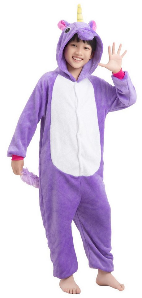 Corimori Jumpsuit Kinder Kostüm Jumpsuit Onesie verschiedene Designs (1-tlg) Fasching, Karneval, Tierkostüme Einhorn Lila 128-134 Mädchen Jungen