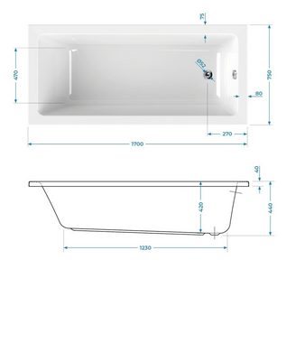 Calmwaters Badewanne Modern Square, (1-tlg), Weiß, 170 x 75 cm, Acryl, ergonomische Körperformbadewanne, 02SL3311